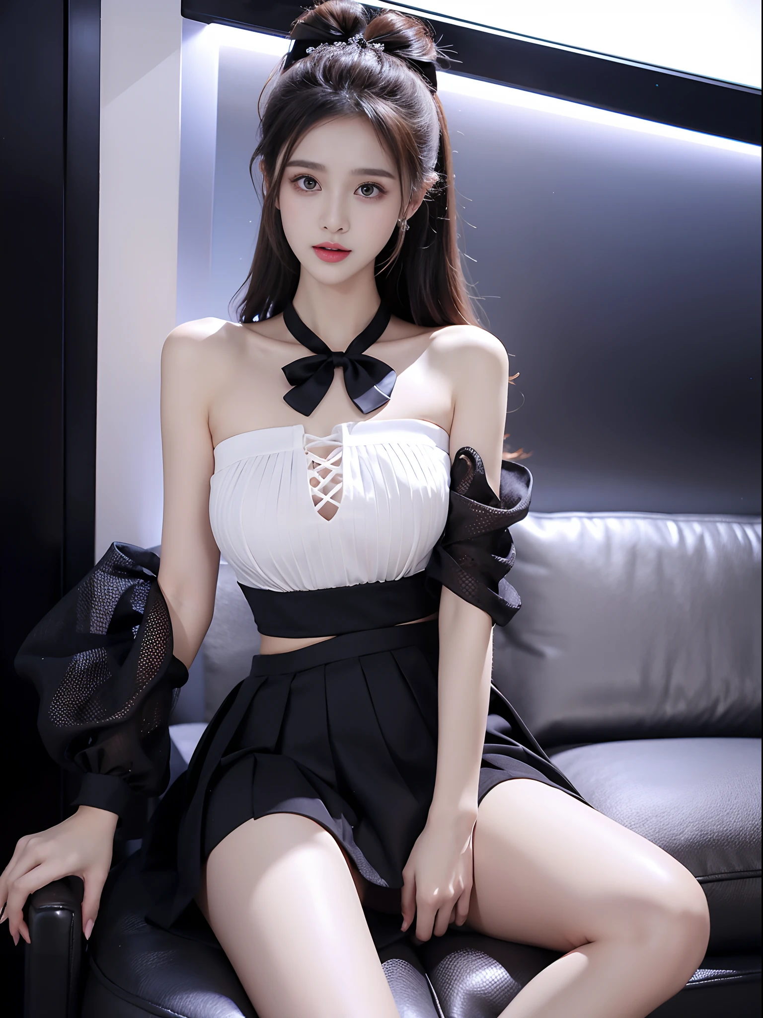 toruzu_bunko_uniform,,miniskirt,pleated skirt,white skirt, Beauty, 1girl,solo, beautiful女人,Have a perfect body:1.4,Layered Hairstyle,((Big breasts)), ((E cup)), Visible cleavage,Bare shoulders, Highly detailed face and skin texture,Double eyelids,Skin Whitening,Long hair,Whitening long legs,Standing by the sea, Fashion girl, Red lips, Sweet maiden, beautiful妆容, detail, lifelike, Very detailed, amazing, beautiful, Young and energetic, high quality,High Definition, rich and colorful,Exquisite, Smooth skin, The skirt is short, Lift the skirt with your hands, Elegant and charming posture, Official Art, Extremely detailed, Movie atmosphere, Soft colors, Natural skin texture,