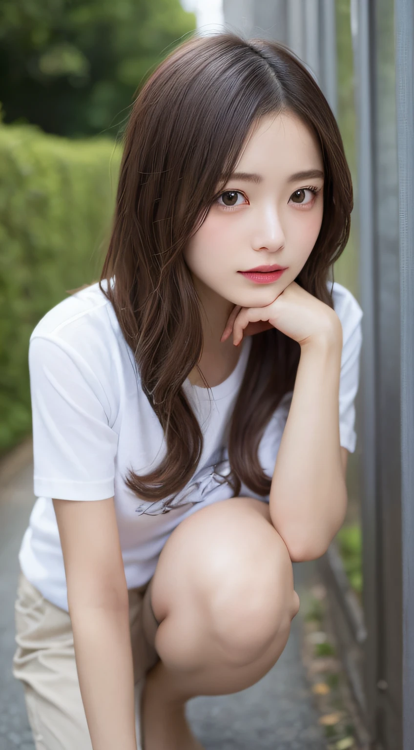 finely detail, hight resolution, hightquality、Perfect dynamic composition, Beautiful detailed eyes, Medium Hair, small tits、Natural Color Lip,Kamimei、Shibuya、20 years girl、1 persons、Transparent skin、Glowing hair、masutepiece, Best Quality, Ultra-detailed, finely detail, hight resolution, 8K、The correct state of the human body、crouching down、Gravure Model Pose,Photographed with hair fluttering in the wind,White oversized Y-shirt,Don't wear pants,