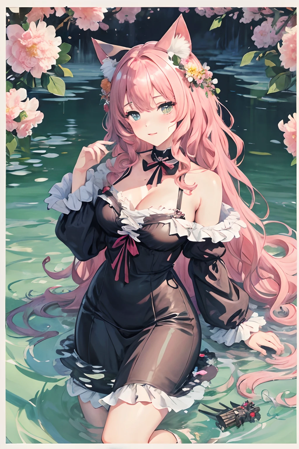 Large wavy curls, flowers in head, Cat ears, Bright pupils, Blush, (Monet:1), anaglyph, Fuji colors, outside border, Dutch angle, hyper HD, Masterpiece, ccurate, Textured skin, 4K, Best quality, A high resolution, High quality, hyper HD, Masterpiece, Textured skin, A high resolution, Best quality, High quality, 4K,Exquisite facial features,blacksilk,Raiden general,Raised sexy
