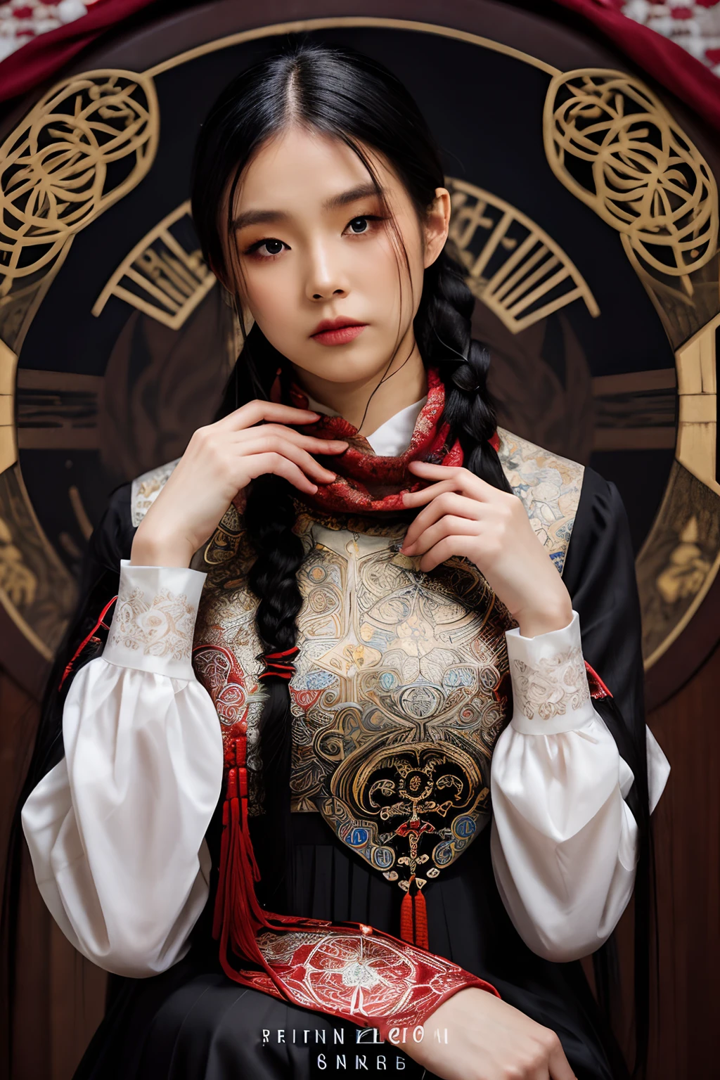 Girl 02, Shooting with Nikon Z7 II mirrorless camera,120mm F/4 Wide angle
Girl 02, 1girl in, Solo, Long hair, Looking at Viewer, Black hair, Long sleeves, braid
Wearing a white dress、Woman wearing black braid with blue and red pattern on neck, Chen Lu, art nouveau fashion embroidered, Portrait of character, Delaying Americanism、Holding an old map in one hand、
Woman wearing black top and red scarf with red and white design around neck, Chen Ji, art nouveau fashion embroidered, Silkscreen, Shippo Doctrine
Highest quality, masutepiece, ultra-detailliert, Cowboy Shot, flowing, 3DMM, ink sketch, color ink, Ink Rendering, Octane Render, pastels, rice paper, 1girl in, Beautiful detailed eyes, (alternate hairstyle), ultra-detailed hair, Graceful, (Charming), (Delicate), Pretty, Cute, Lace dress, The text in the center of the frame, Rhythm, Fantasy, Looking at Viewer,