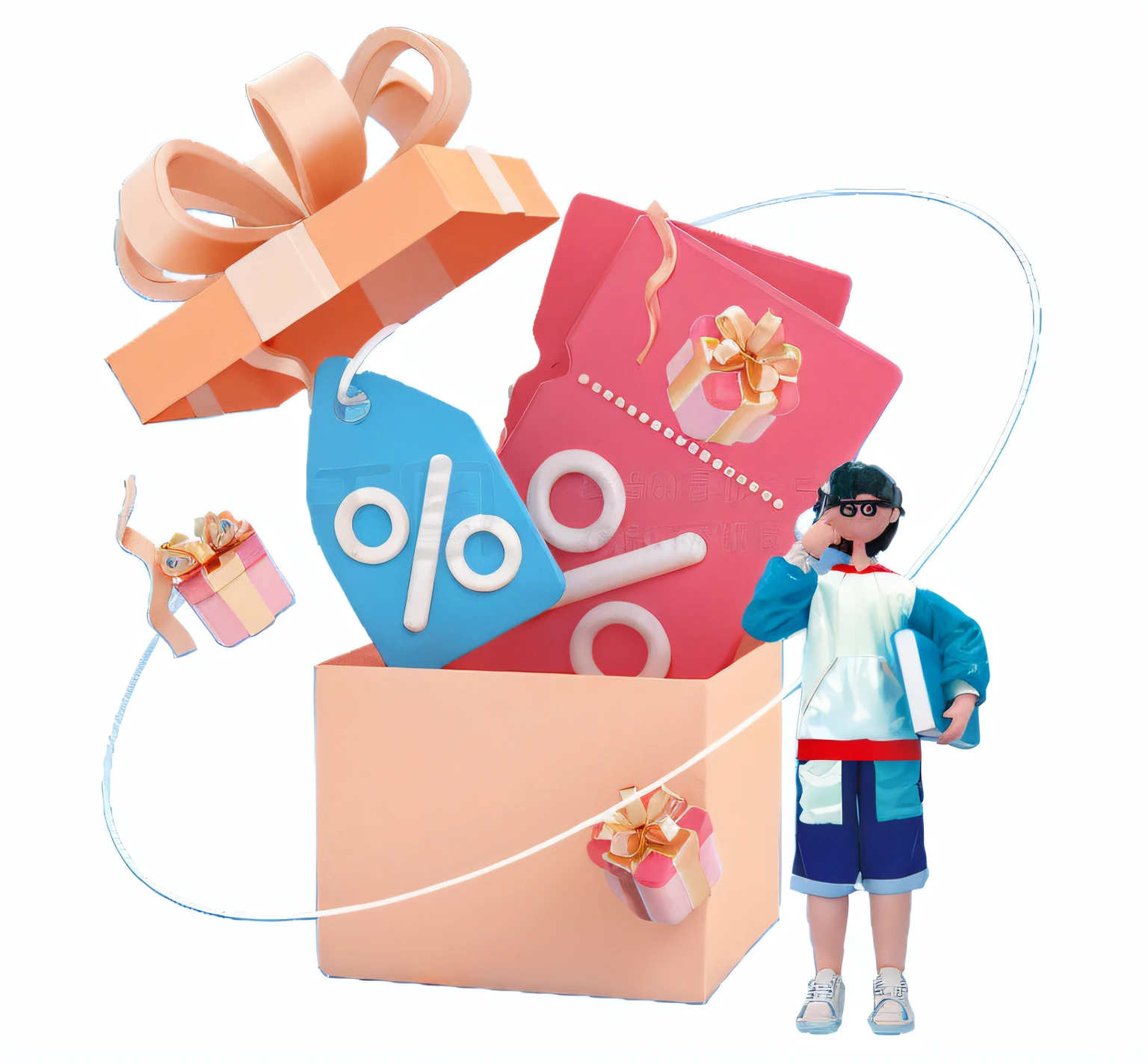 There was a man standing next to a box,There are many gifts inside, Commercial illustration, 3 D 插图, 3D illustration, 2 d illustration, 2D illustration, Stylized digital illustration, gifts, Detailed 2D illustration, advertisement picture, 3 d illutration, Gifts, 2. 5 d illus, in style of digital illustration, Flat illustration, promotional render