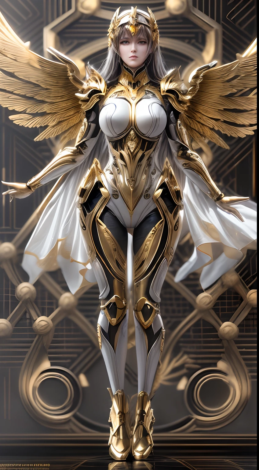 Mechanical style,golden theme,(1 mechanical female angel,anatomy correct,full bodyesbian,Golden wings,standing on your feet,circular base),Black and white background,(3Drenderingof,best qualtiy,the detail,tmasterpiece,Social art,Cinematic lighting effects,4K,Chiaroscuro)