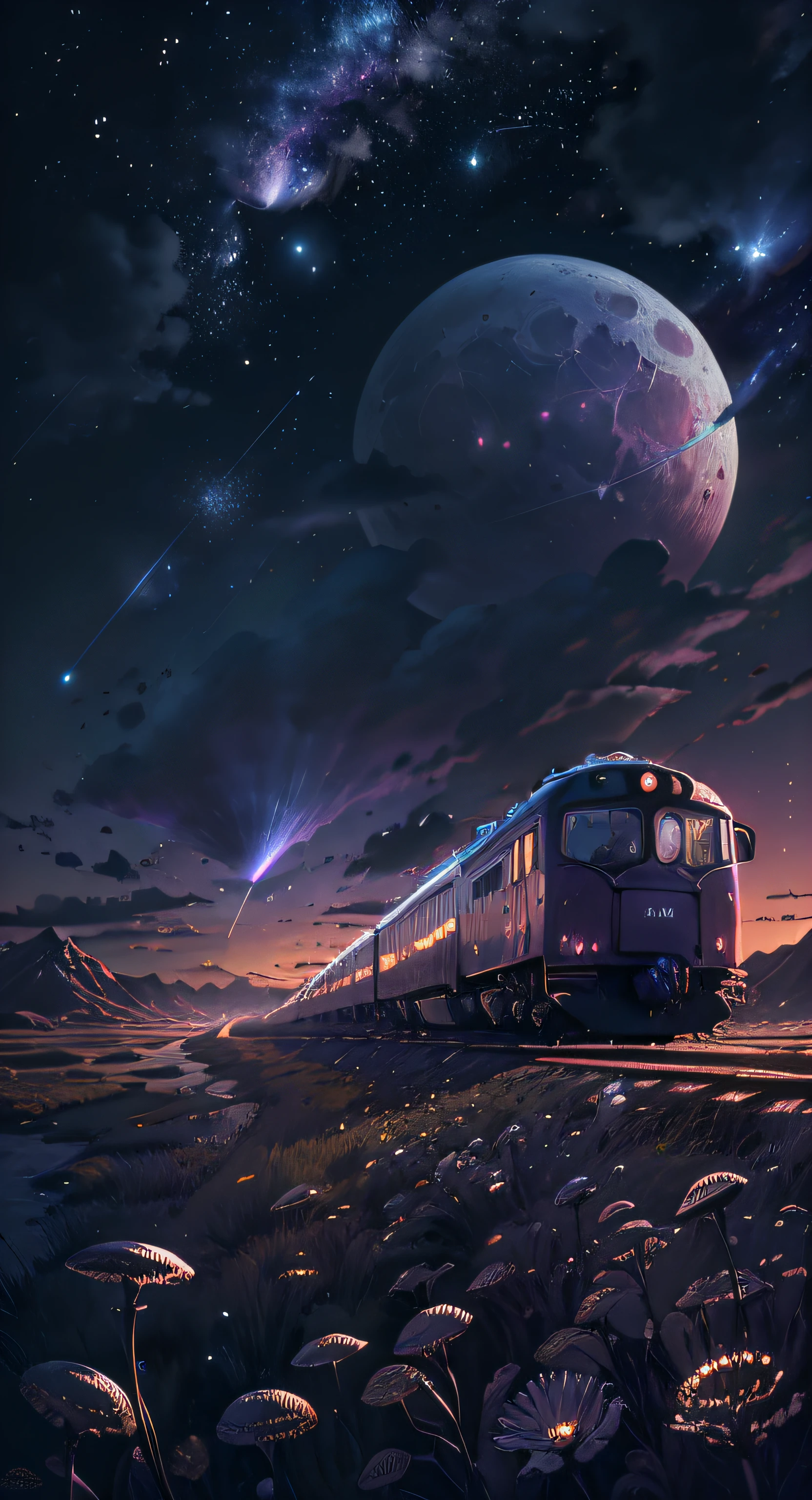 (Absurdres, Cinematic, UHD, higher, ultra detailed, ultra detailed), dark purple sky, nebula in the sky, 5 lattern in the sky, big moon in the sky, flying train, shooting star, dandelion field, mountain, boy looking at the sky, oil painting, detailed dandelion field, detailed flying train, detailed sky, sunset
