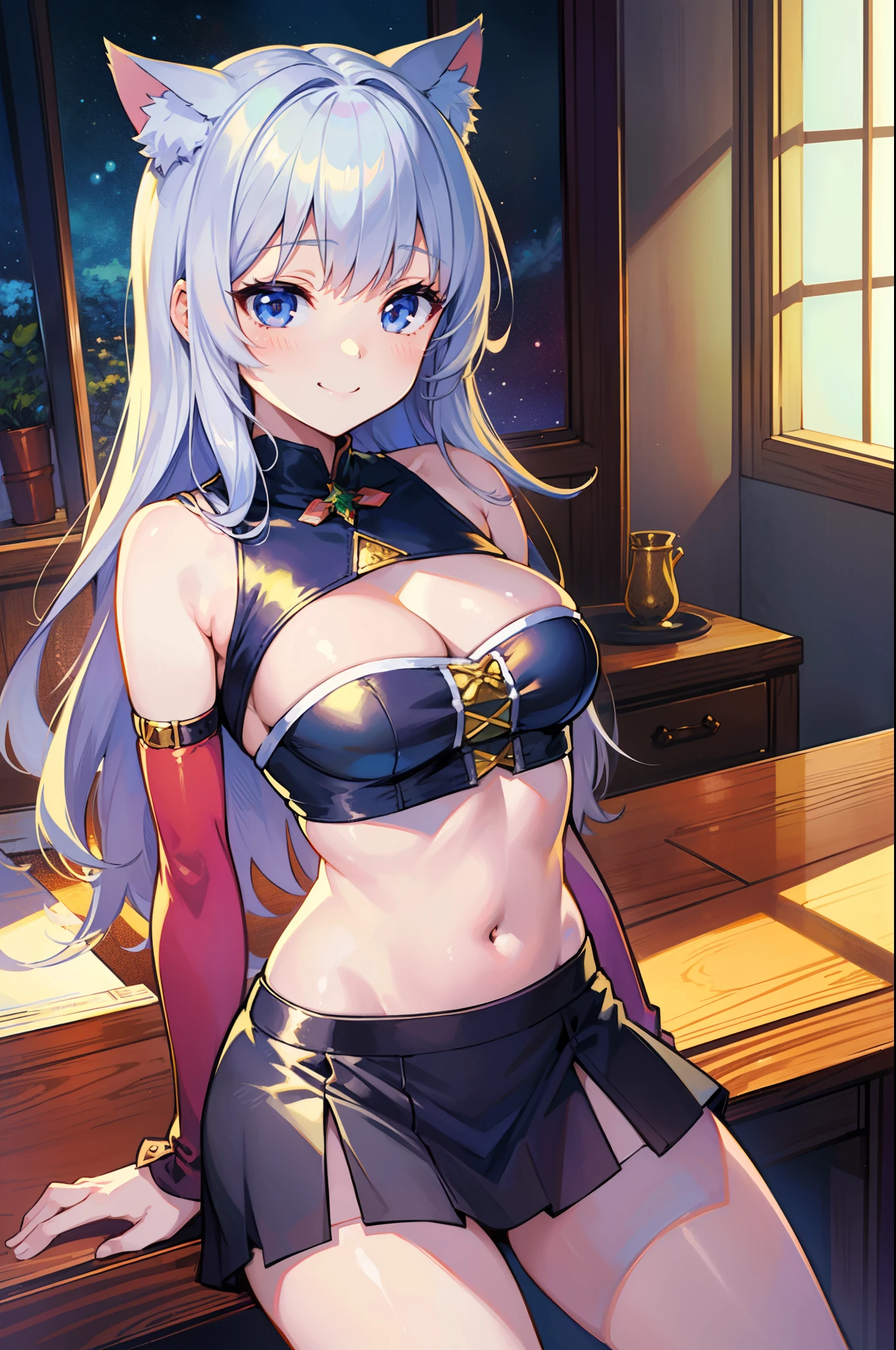 (Masterpiece), (Top Quality Anime Illustration), (Super Definition), One Girl, Solo, Beautiful Girl with Silver Hair, Anime , Cat Ear Loliniskirt Santa, See-through, Sleeveless, Smile, Cleavage Emphasis, Bare Skin Visible Lower, Navel, Thighs, Protruding Ass