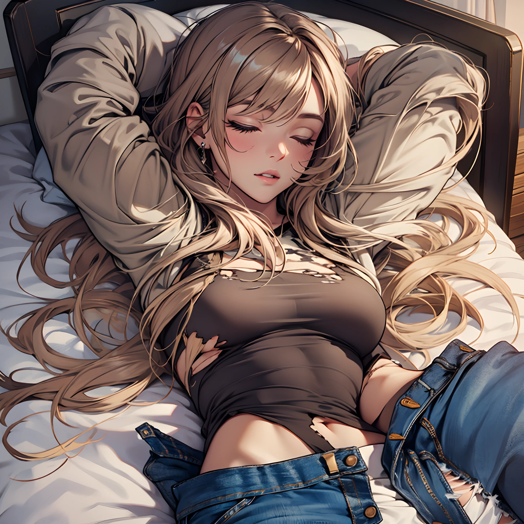girl sleeping on bed with ripped jeans --auto --s2