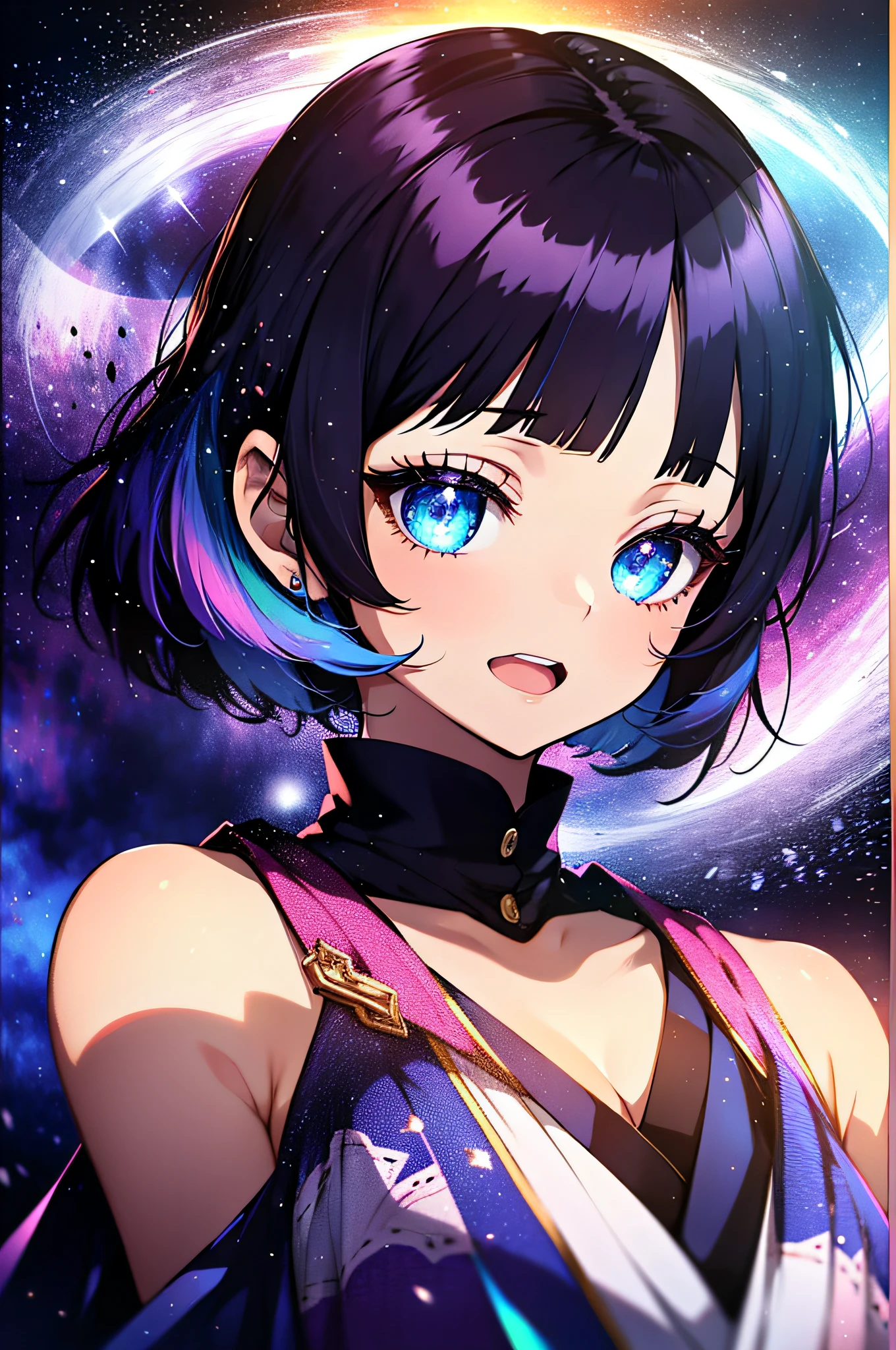 (masutepiece:1.3), (Best Quality:1.3), High resolution, Couboy Shot, on  back,Superb view、(One Cute Girl:1.3), Solo, huge smile、A ring of iridescent angels floats above my head、Angel Ring、Eight-headed body、Colorful starry sky,White dress、Pretend dress、Focus on the brightness of your eyes、sleepy expression、One eye closed、One eye is blocked、Arms raised and yawning loudly、Navel is visible、Purple hair, (bobhair:1.2), Mixed mesh and light blue、Short Bob Hair, (Blunt bangs:1.2), Beautiful hair, Eyes are purple, Miraculous Eye、Beautiful detailed eyes, ultradetailed eyes、Glitter eyes,from the rear、Colorful starry sky,Stars,Iridescent aura around the eyes、Put your hands on your hips、open arms、patting the head、Lie down and stick your hips out、Iridescent eyes、Narrowed eyes sucked in,Wearing a rainbow-colored aura from the whole body、 Shadow lighting,perfectbody