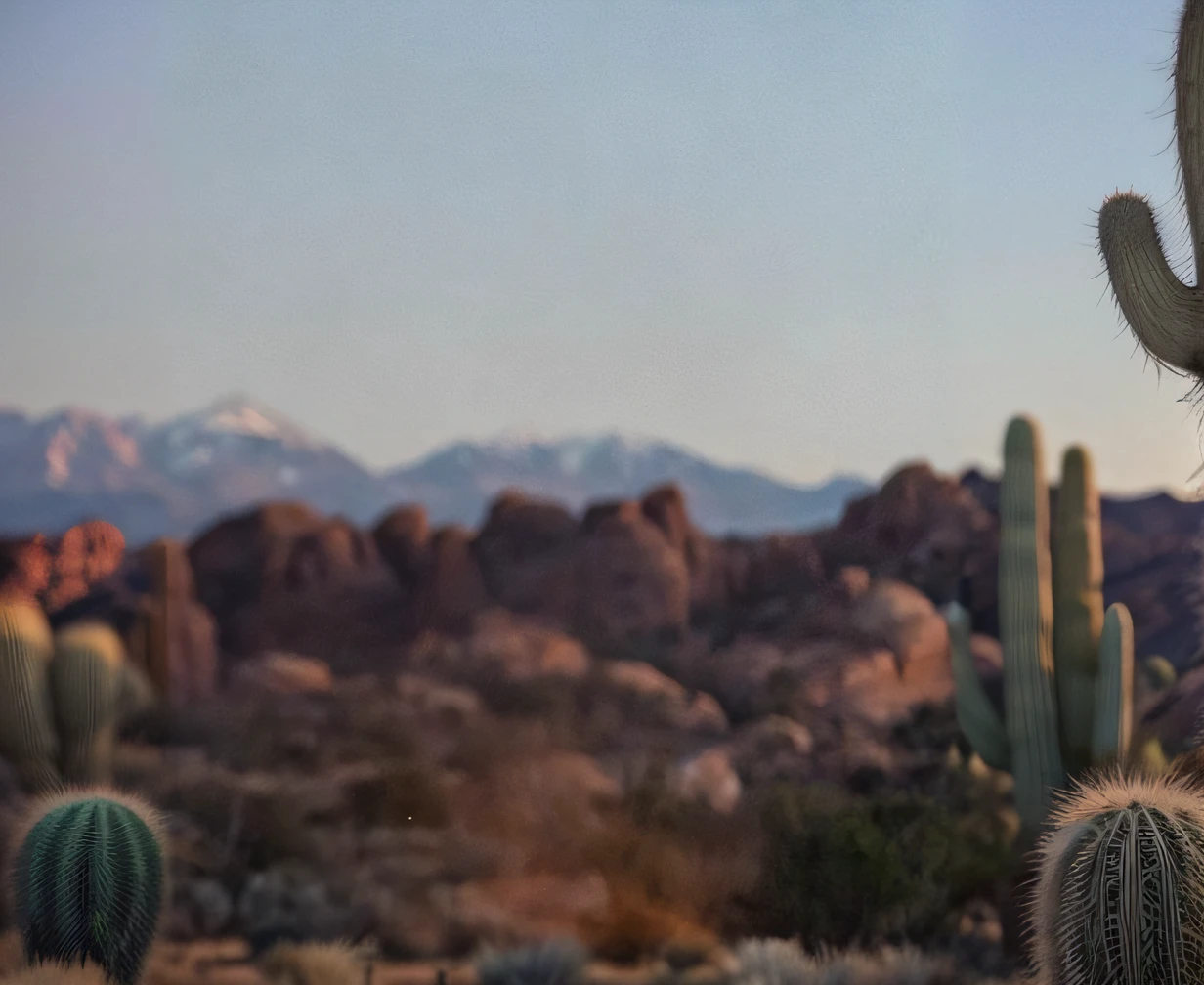 early evening，desert environment, There are several cacti in the distance, very wide view, scenic full shot, american west scenery