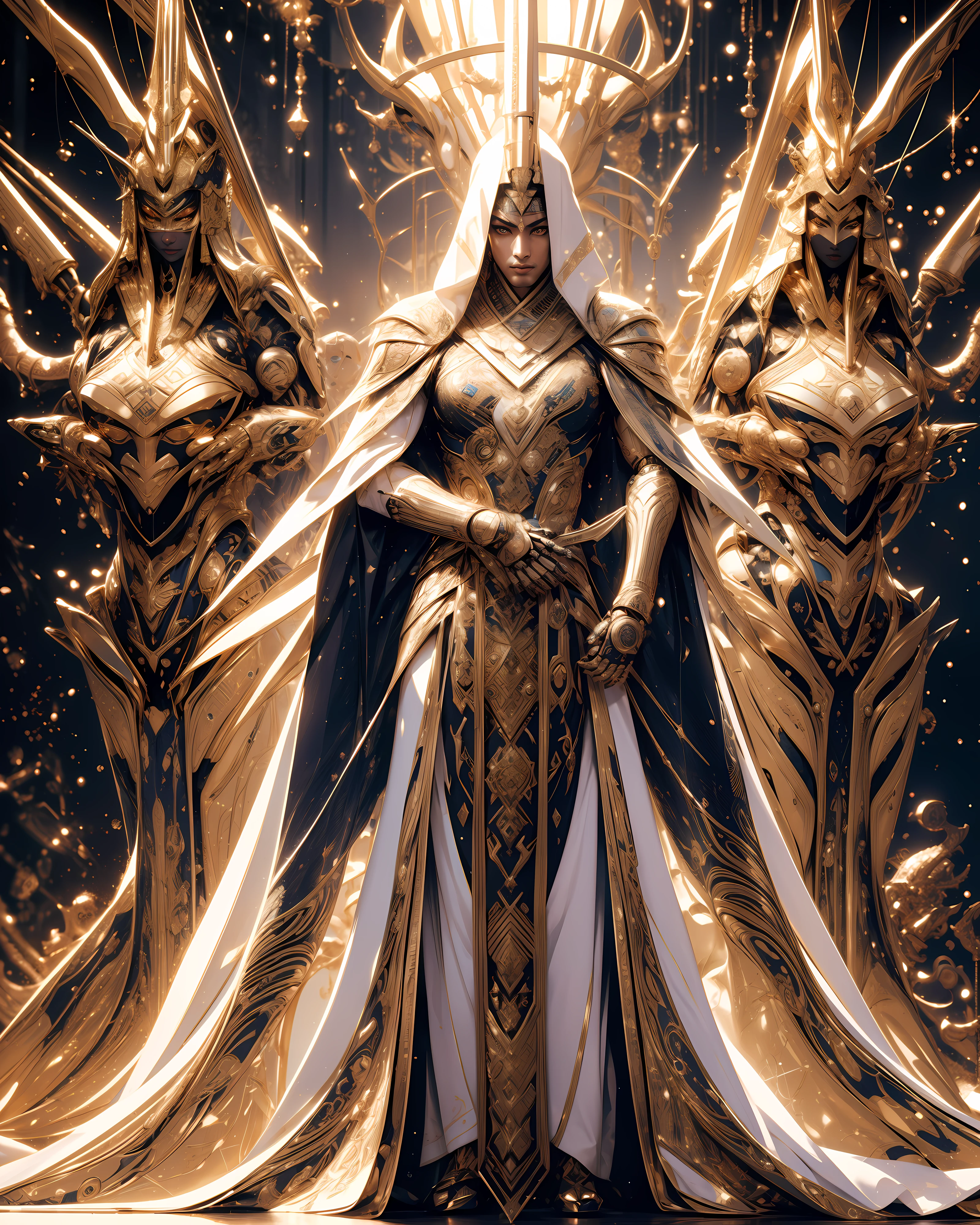Full body, (Robotic Pharaoh), (Wearing Futuristic Arabian Samurai Cloth Dress), (In style of White + Gold), Best quality, Ultra-detailed, Realistic:1.37, HDR, UHD, Studio lighting, Professional, Vivid colors, Bokeh, Portraits, Sci-fi, Concept art, Colorful tones, Soft lighting.