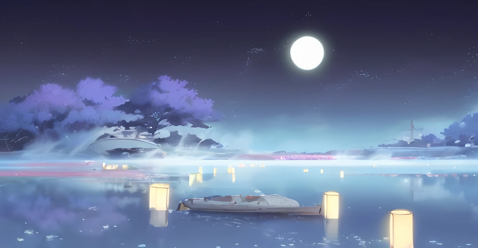 Anime scenery of boats floating on the lake，Lanterns float in the water, anime backgrounds, Anime background art, anime beautiful peace scene, beautiful anime scenes, beautiful anime scenery, Anime landscape concept art, Anime landscapes, background artwork, arte de fundo, anime landscape wallpapers, Moonlight background, colorful anime movie background, nighttime scene, Anime landscape, anime movie backgrounds