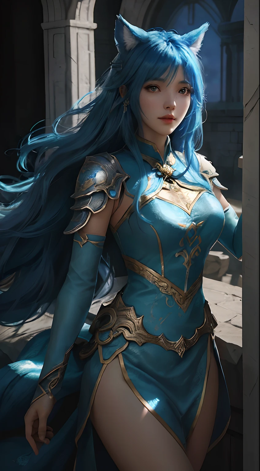 un primer plano de ahri de league of legendsr con un vestido plateado y azul, Chengwei Pan at the Art Station, por Yang J, detailed fantasy art, arte de personajes deslumbrante, Best Fanart Art Station, Exquisite epic character art, armadura hermosa, germen de arte extremadamente detallado, arte de anime digital detallado , artgerm en artstation pixiv, chica armadura