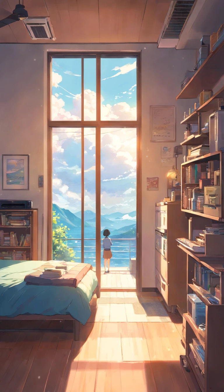 inside a room,On the left is the outside wind and snow,On the right is the interior is warm,The air conditioner blows hot air,low angles,Underfloor heating, 3D, 8K, Highly detailed, digitial painting, , illustration, art, 3D style Pixar animation,