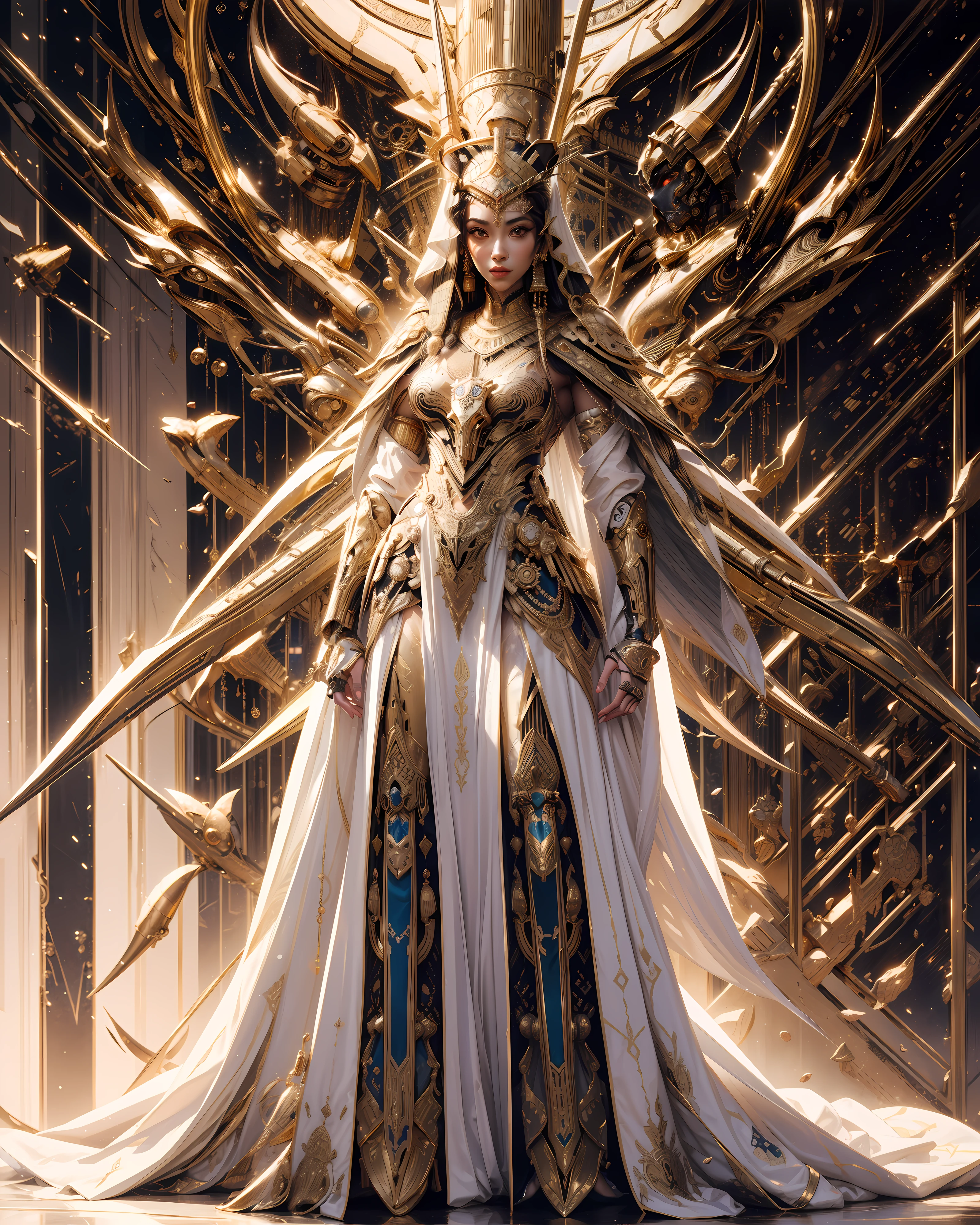 Full body, (Robotic Pharaoh), (Wearing Futuristic Arabian Samurai Cloth Dress), (In style of White + Gold), Best quality, Ultra-detailed, Realistic:1.37, HDR, UHD, Studio lighting, Professional, Vivid colors, Bokeh, Portraits, Sci-fi, Concept art, Colorful tones, Soft lighting.