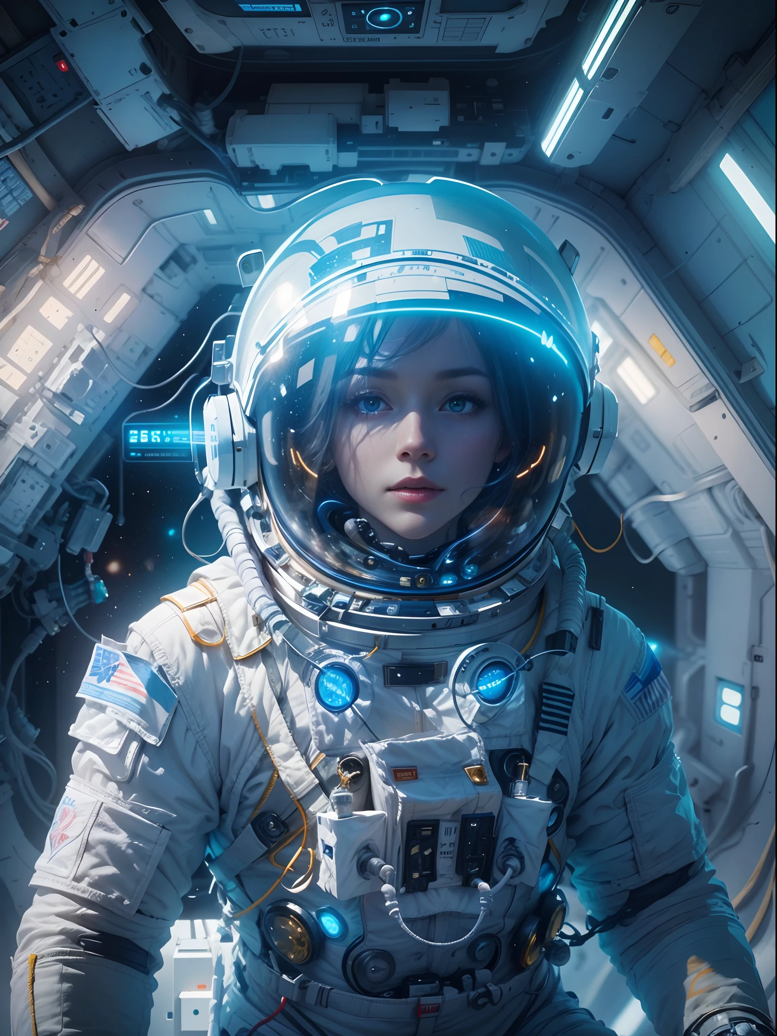 (((((Ultra-futuristic and novel design spacesuit)))))、Create ultra-detailed and futuristic images of beauty astronauts、(((((Spacesuit with clear body lines)))))、26 year old、Beautiful breasts、Earth Eye、Photorealsitic、high-level image quality、Raw photo、8K、Hairstyle is bob hair、((((Aurora Inner Hair)))、Serious face、(The eye is facing this)、(((((Go out into space to repair your spaceship)))))