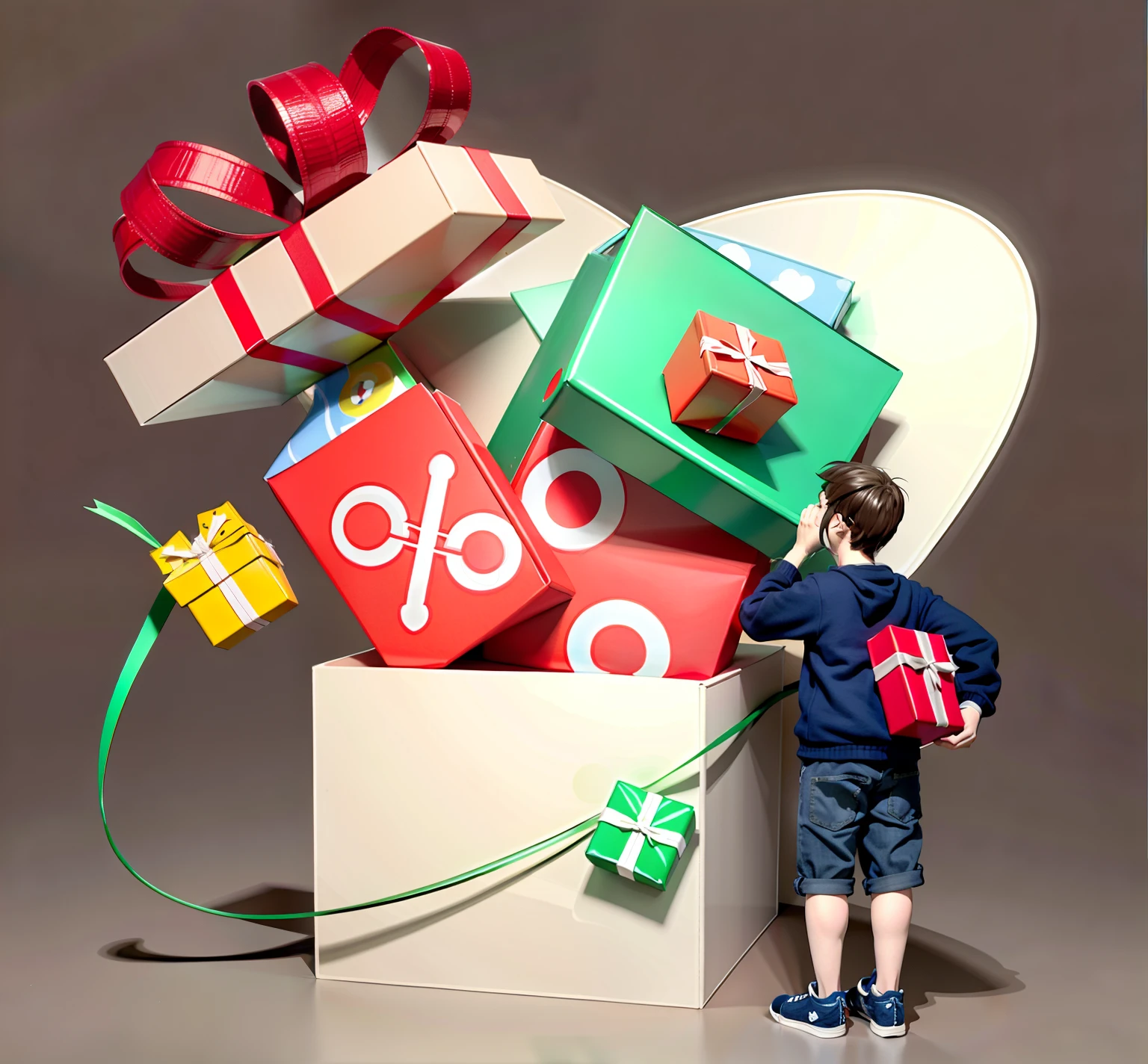 There was a man standing next to a box,There are many gifts inside, Commercial illustration, 3 D 插图, 3D illustration, 2 d illustration, 2D illustration, Stylized digital illustration, gifts, Detailed 2D illustration, advertisement picture, 3 d illutration, Gifts, 2. 5 d illus, in style of digital illustration, Flat illustration, promotional render