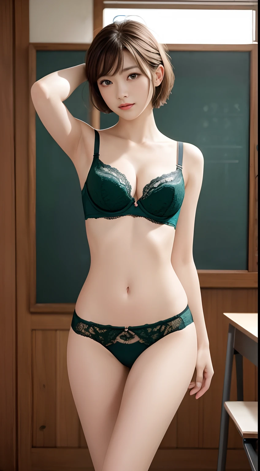8K, Best Quality, real picture, Intricate details, Ultra-detailed, 超A high resolution, Depth Field,(Photorealistic,Realistic:1.2),masutepiece, 0.25 :: close-up , straight shot , from miiddle ,1girll, 。.。.。.AI_Zen Buddhism, an extremely beautiful -yeld gi Innocent big eyes, (brown_Short_hair), (Green_Eyes:1.0),(Air Liu Hai),disheveled hair,(hair pin), perfect glossy skin, flawless skin, Fair skin, Huge breasts, Narrow waist, Light blush, Solo, view the viewer, lightsmile,, Sweat,Wearing ((Wearing panties、Bra in bra), (Figure),() :1.2), (Gravure Pose :1.1),Sunset ,High School in Japan ,(chiayi:1.5), tmasterpiece, best qualtiy, RAW photogr, realisticlying, faces, incredibly absurd res, depth of fields, hight resolution, Ultra - detAi Body Driven, finedetail, Very detailed, extremely detailed eye and face, Sharp pupils, pupil realistic, tack sharp focus, cinmatic lighting、chalk board,((Shorthair、posterior view、Big underbra、))、Classroom