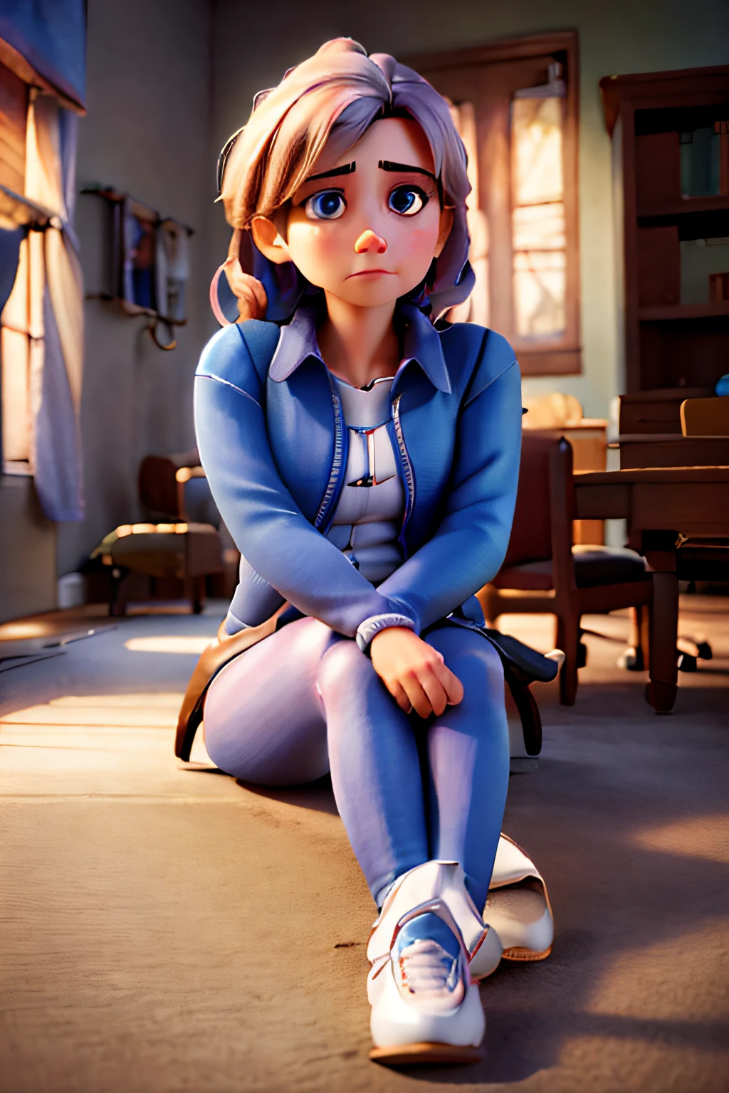 (best quality,4k,highres,ultra-detailed,realistic),portrait,lonely,sad woman sitting on a chair in an empty room,her head resting on her hands and her elbows on her legs