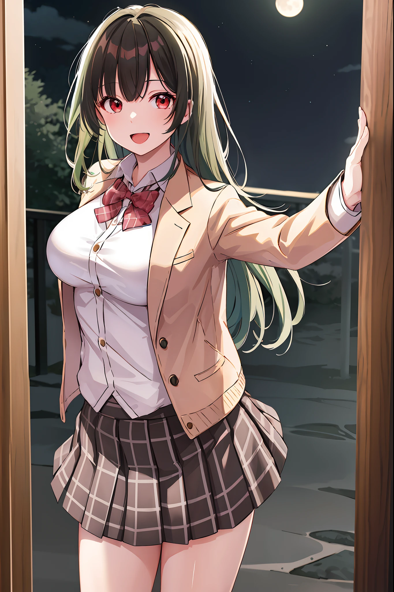 masterpiece, best quality, highres, 1girl, green hair, long hair, bangs, red eyes, medium breasts, pink bowtie, school uniform, white jacket, open jacket, black cardigan, black shirt, white skirt, plaid skirt, smile, open mouth, arms behind back, leaning forward,  Surface of the Moon