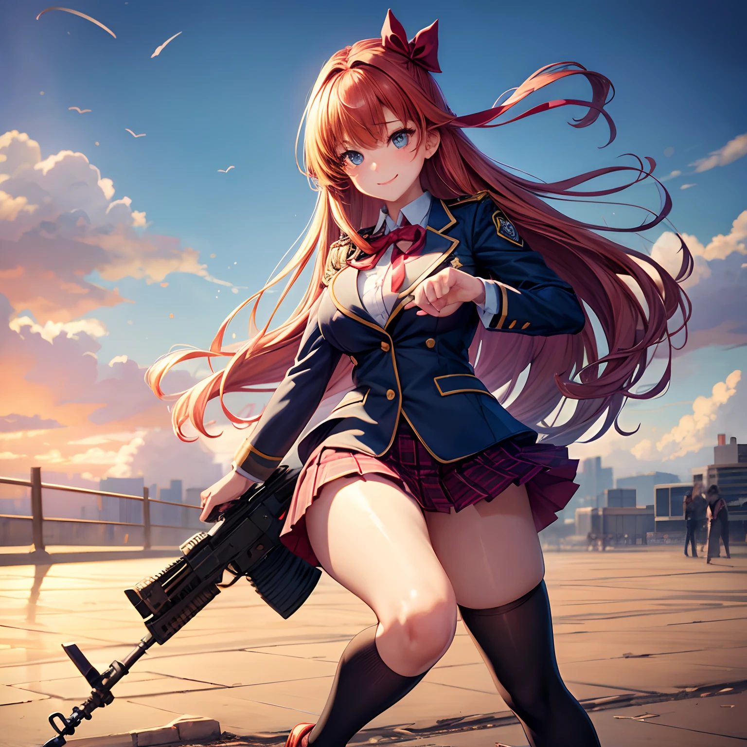 a beauty girl,Ribbon on uniform,Cute uniform,blazers,A smile,Girl with an assault rifle,Savage Girls,girl,top-quality,Colossal tits,masterpiece,Excellent style,?????? Cute,超A high resolution,beautiful a girl,Lovely girl,multicolored hair,Loose socks,HD image quality,beautidful eyes,Perfect Beautiful Girl,Fighting Girls,