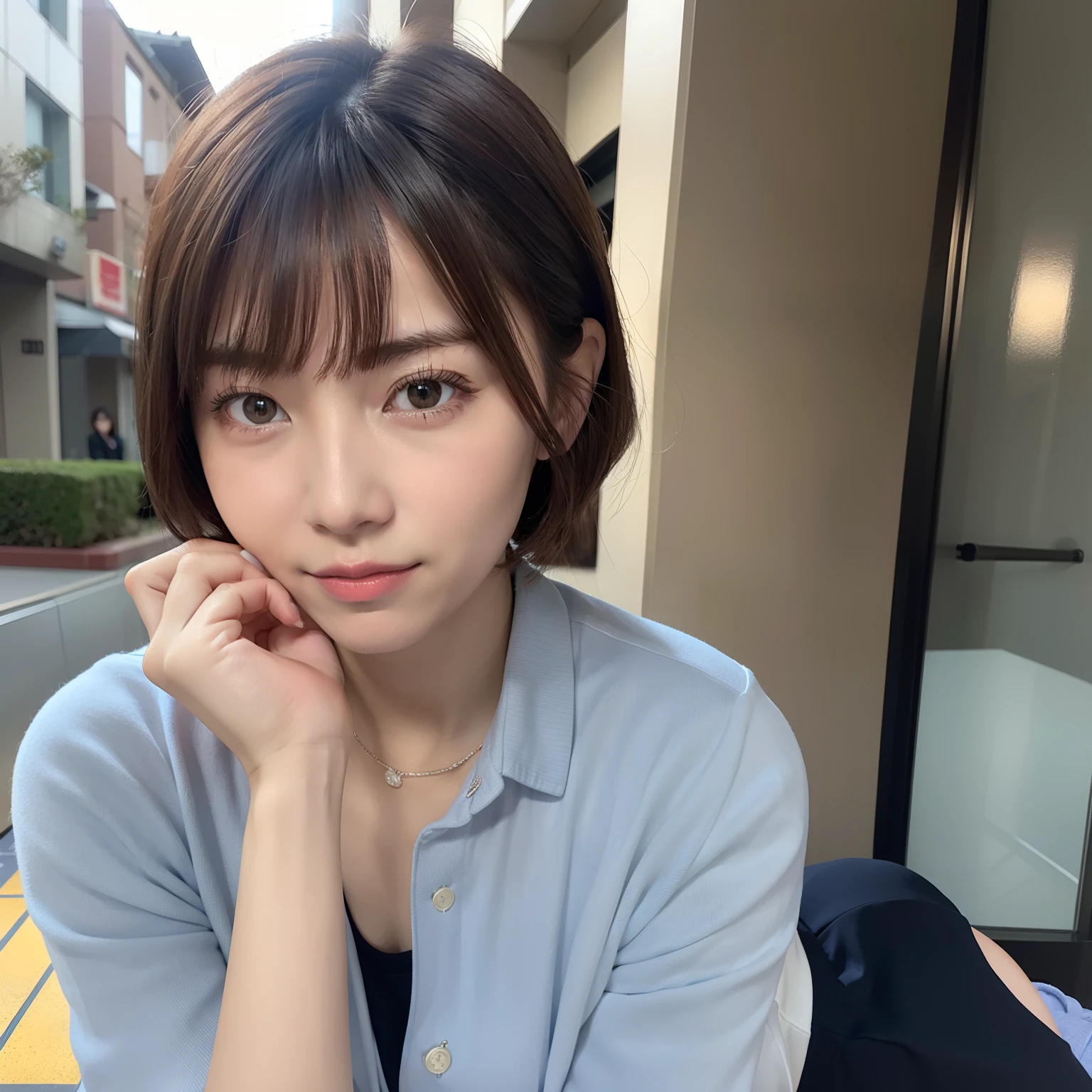 Ordinary woman in plain clothes、[photos realistic]!!,Candid flash photography、magnifica、Masa Nakayama、flash photo、Sui Ishida、Do not copy hands、adult lady、Shorthair、Tying hair