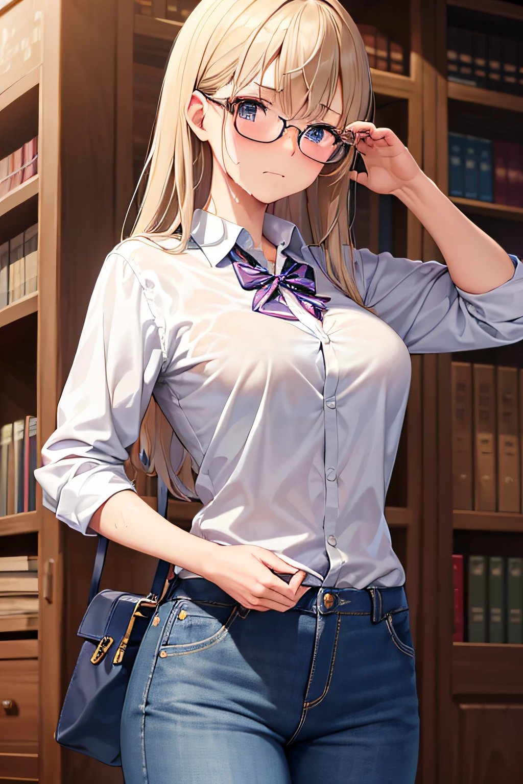 1girl, standing, (shirt lift), bag, light frown, glasses, closed mouth, cowboy shot, solo focus, bangs, (sweat), slim fit pants, (mole on breasts:0.9), RAW photo, best quality, masterpiece, ultra detailed, ultra high res, book shelf, book, library,