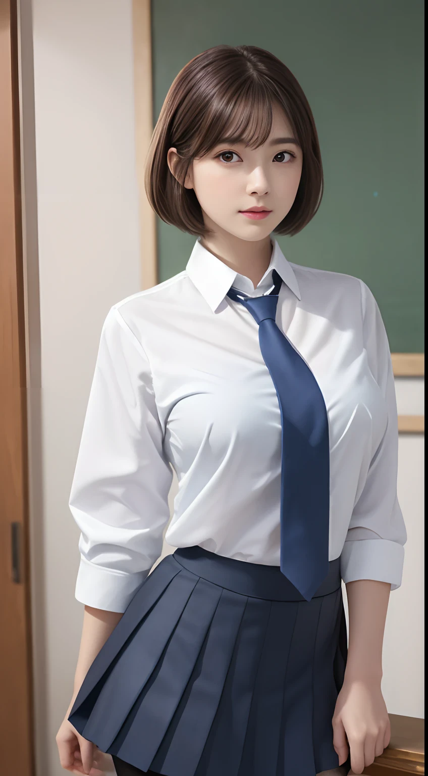 1girl,big breast, black hair, brown eyes,high quality, ultra detailed, masterpiece, realistic, blue necktie , short hair
