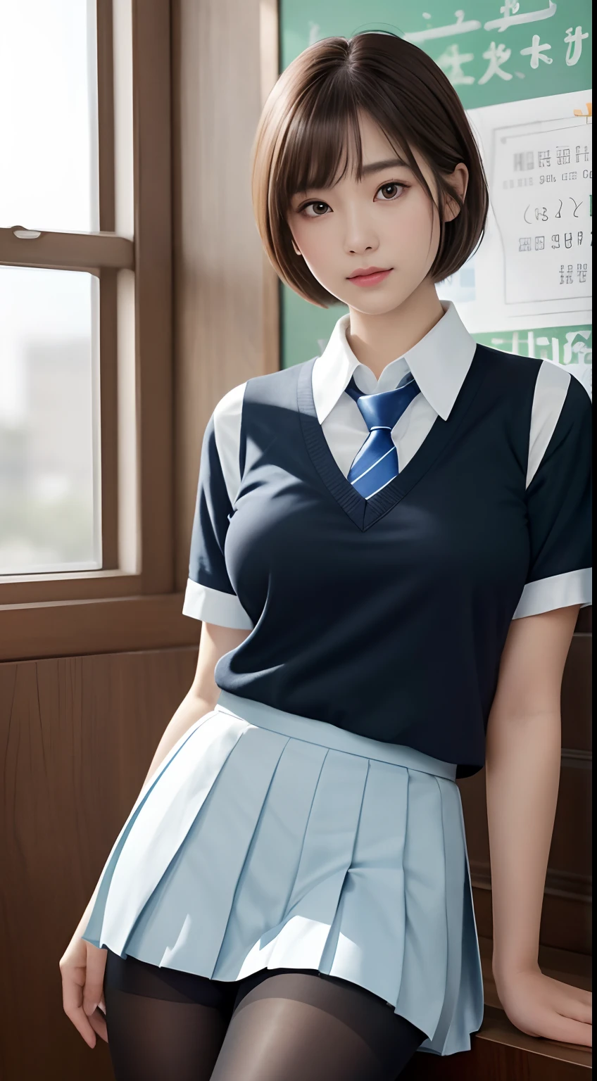 8K, Best Quality, real picture, Intricate details, Ultra-detailed, 超A high resolution, Depth Field,(Photorealistic,Realistic:1.2),masutepiece, 0.25 :: close-up , straight shot , from miiddle ,1girll, 。.。.。.AI_Zen Buddhism, an extremely beautiful 17-year-old girl, Innocent big eyes, (brown_Short_hair), (Green_Eyes:1.0),(Air Liu Hai),disheveled hair,(hair pin), perfect glossy skin, flawless skin, Fair skin, Huge breasts, Narrow waist, Light blush, Solo, view the viewer, lightsmile,chubby under the clothes, Sweat,Wearing ((School_uniform), (white_Skirt),(Blue_long_tie), (Blue_pleats_Skirt), (Black_pantyhose) :1.2), (Gravure Pose :1.1),Sunset ,High School in Japan ,(chiayi:1.5), tmasterpiece, best qualtiy, RAW photogr, realisticlying, faces, incredibly absurd res, depth of fields, hight resolution, Ultra - detAi Body Driven, finedetail, Very detailed, extremely detailed eye and face, Sharp pupils, pupil realistic, tack sharp focus, cinmatic lighting、chalk board,((Shorthair、posterior view、Big big hidden under the shirt、))、Classroom