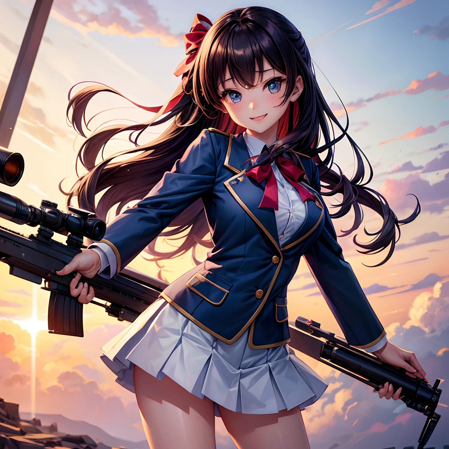 a beauty girl，Ribbon on uniform，Cute uniform，blazers，A smile，Girl with an assault rifle，Savage Girls，girl，top-quality，Colossal tits，​masterpiece，Excellent style，Erotic Cute，超A high resolution，beautiful a girl，Lovely girl，multicolored hair，Loose socks，HD image quality，beautidful eyes，Perfect Beautiful Girl，Fighting Girls，