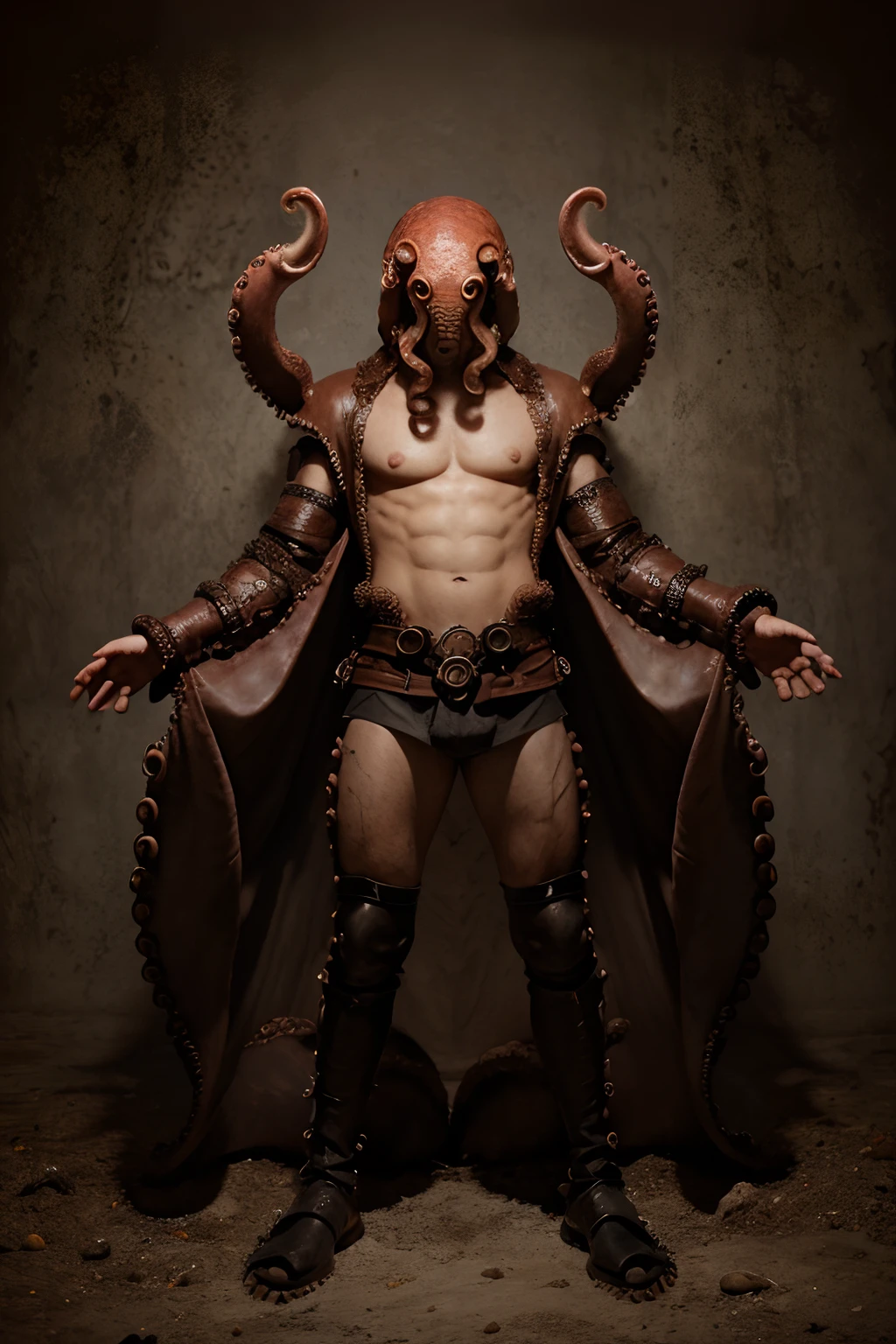Animal anthropomorphism,Octopus Man,A man with tentacles on his face,Octopus head,Human body type,Human limbs,The body is covered with tentacles,Wearing armor,Leather skirt,There are large tentacles on the back,Scarred,Octopus hands and feet,Teeth and claws,full-body portraits,Cthulhu style