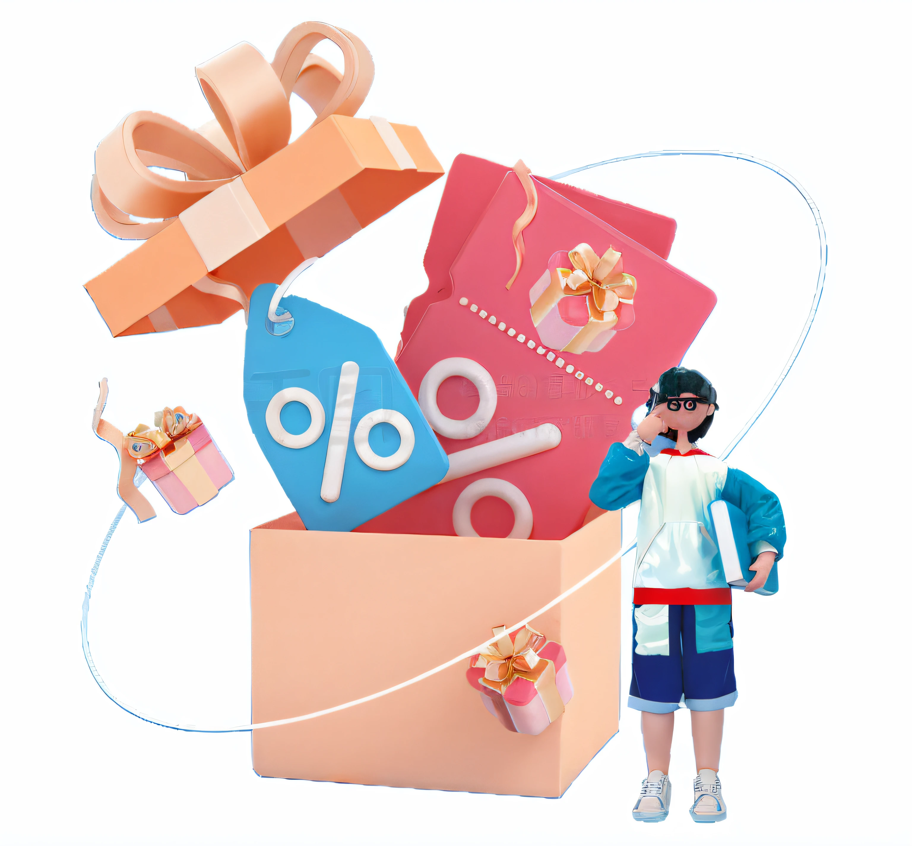 There was a man standing next to a box,There are many gifts inside, Commercial illustration, 3 D 插图, 3D illustration, 2 d illustration, 2D illustration, Stylized digital illustration, gifts, Detailed 2D illustration, advertisement picture, 3 d illutration, Gifts, 2. 5 d illus, in style of digital illustration, Flat illustration, promotional render
