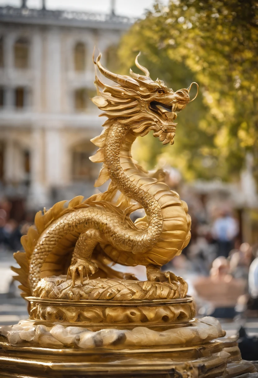 （sculpture made of gold），（（chinesedragon）），（Broom），Fountain landscaping，（Artificial landscape design drawing），Natural sunlight，Shining Effect，（exquisite craft）