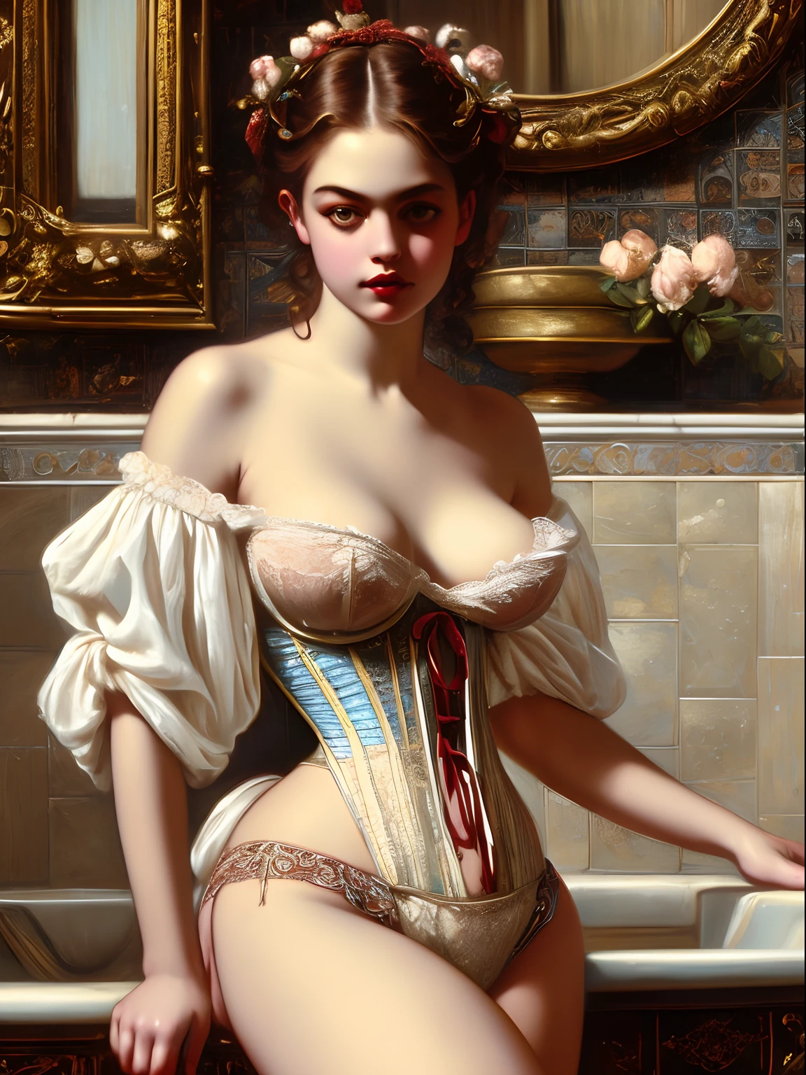 Oil painting art girl, victorian style, gorgeous sink, bathroom, tiles, low neck corset, lace panties, big breasts, deep cleavage, fair skin, plump lips