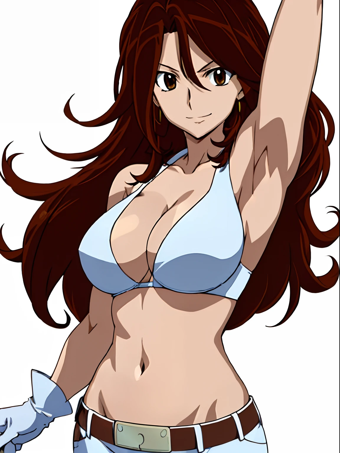 Flexing arm muscles, Karate stance, ((solo)), Best Quality, hires, curvy midsection, (tilt head, defined weak muscles, detailed muscles), smile, happy), upper body only, anime style: 1.8, anime drawing, ultra detailed face, ultra detailed body, 4k, Sumergai Lee Noriega, karate stance, best quality, anime style, hires, highest definition, digital blending, bold drawing lines, (((White Background))), ( (defined muscles), long attractive belly, slim body, ((strong arm muscles)), broad shoulders , off-shoulders, closed fists, (slutty bra, shorts, white gloves, , arm band, (champion belt))), (large breasts, defined cleavage, closed mouth, sexy navel, shiny skin), (big eyes, brown eyes, shiny eyes), (reddish hair, loose hair, curly hair, wavy hair, long hair, floating hair)