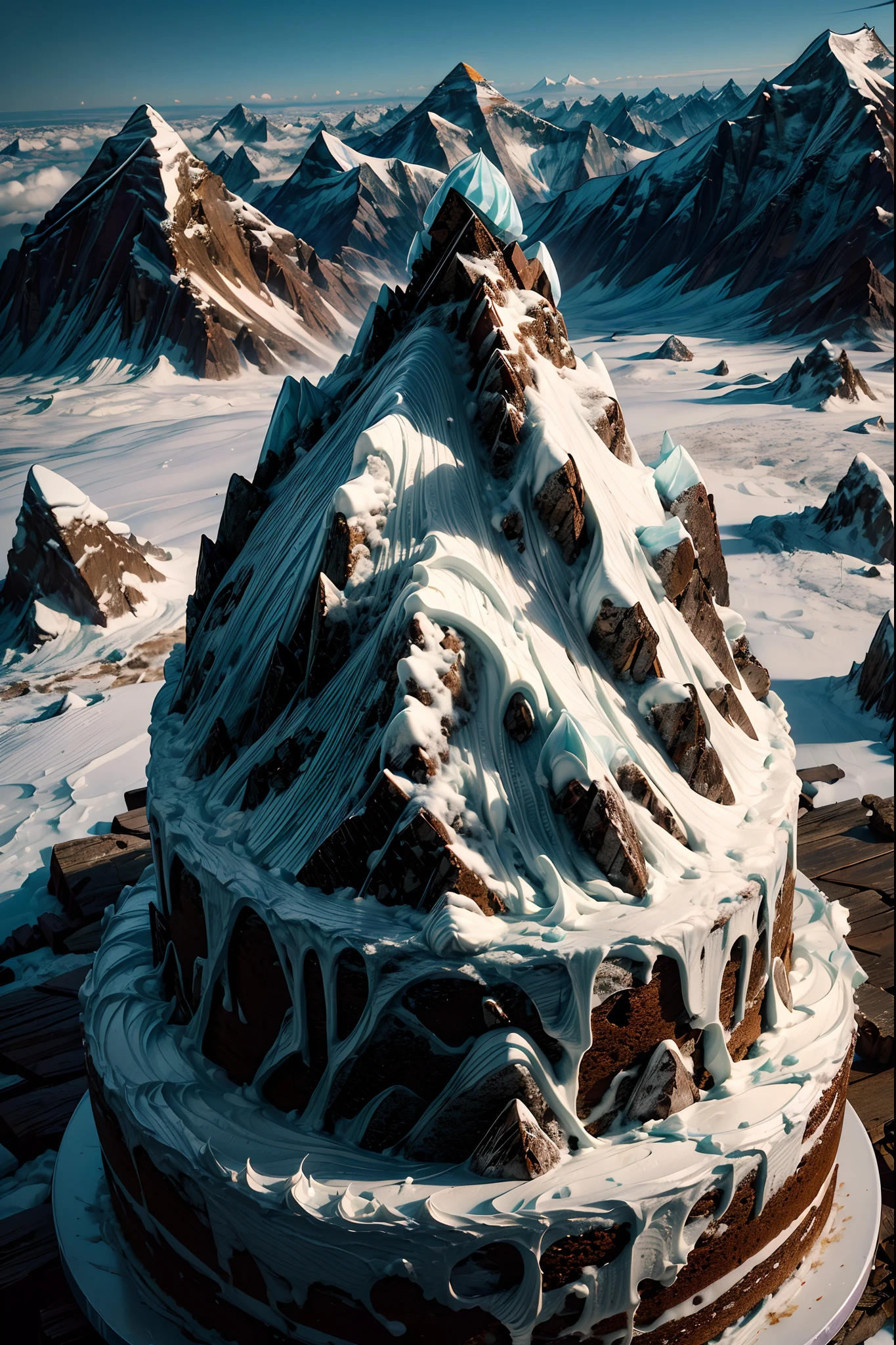 (8K, Raw photo, Best Quality, masutepiece:1.2), (gigantic cake, resembling Mount Everest:1.3), snow-white icing depicting snowy peaks, layers mimicking rugged terrains, climbers made of marzipan scaling its sides, a flag on the summit made of fondant, surrounded by a landscape of chocolate crumble ground