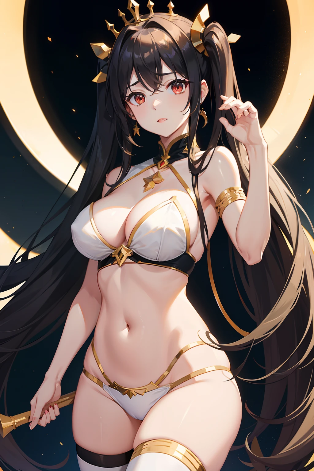 (best quality), [masterpiece], (ishtar), White bra for upper body，Black briefs on the lower body, sexy pose, universe,golden light, Venus, 1 girl,solo, standing, single black thighhigh with golden crural ring, black hairband with golden edge like a crown,(white bra), black twintails,red eyes,glittering, only underwear, (nudity), black triangle underwear, on stomach