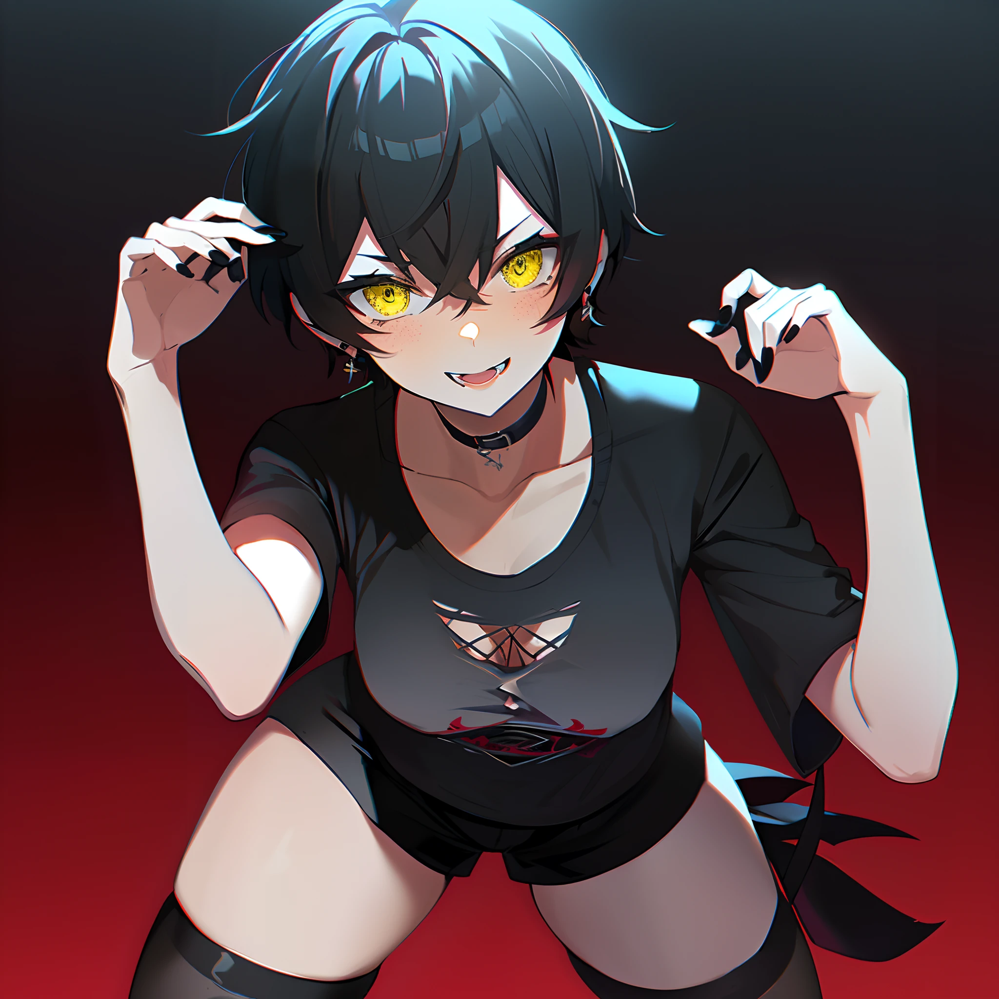 1girl, tomboy, high quality, better render. black nails, black messy short hair, glowing yellow eyes, yandere expression, better eyes, tattoos, gothic looks, beautiful, cute face, 8k quality, black punk shirt, dark denim shorts, black choker, looking at viewer, sexy, wearing plain black shirt, denim shorts, thigh high see-through socks, black earrings, absurdres, high res, ultrasharp, 8K, masterpiece, looking at viewer, seductive expression, glowing eyes, sharp teeth, rebellious, cool, freckles blush