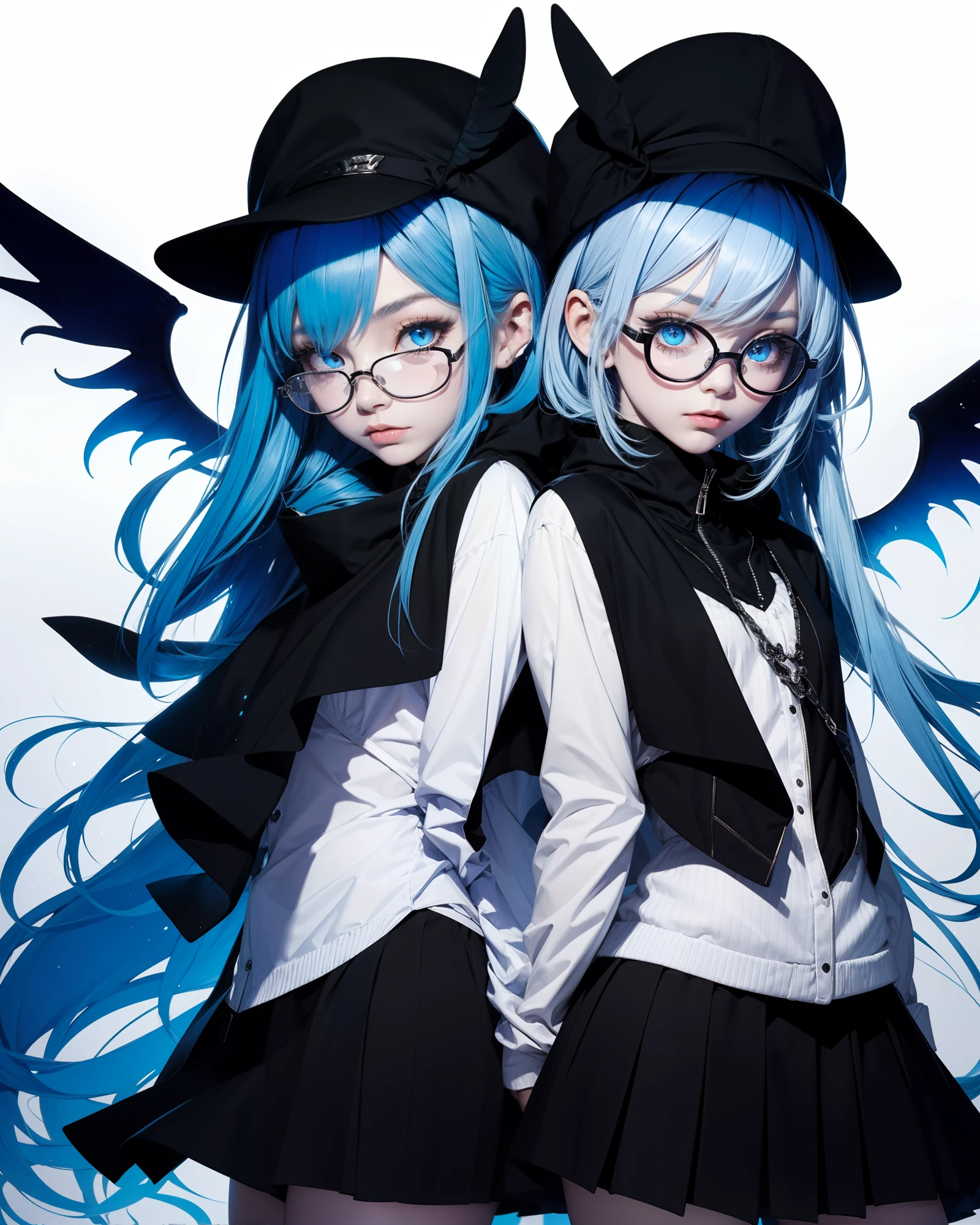1girl, Blue monocolor, lillaevil, blue hair, blue eyes, short hair, black capelet, skirt, blue demon wings, blue-tinted eyewear, mini hat, hideout, Monocolor background, phantom thief hideout,