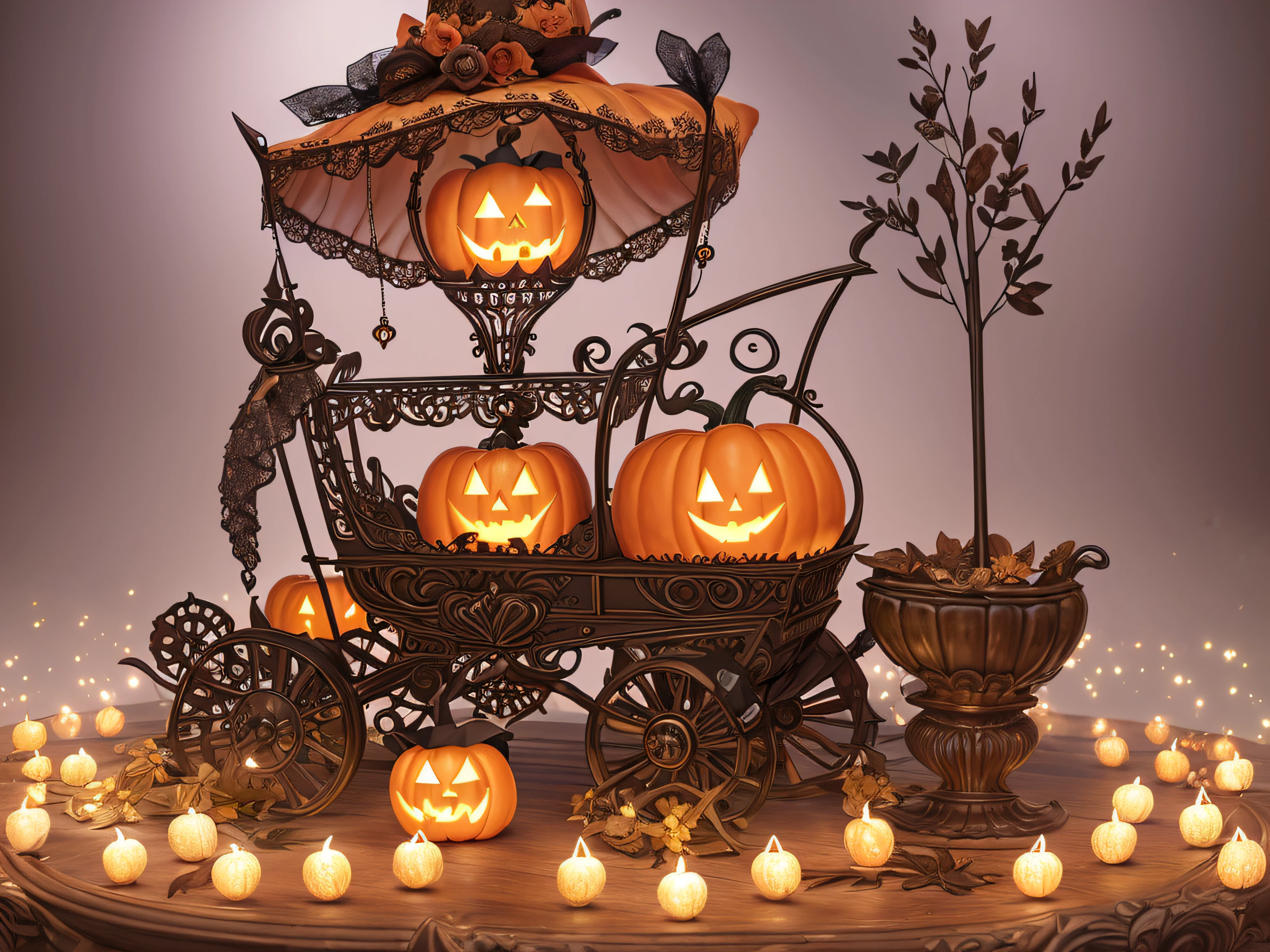 (Masterpiece) An enchanted pumpkin in the shape of a carriage adorned with a pointed hat. Brume tourbillonnante, sculptures et magnifiques ornements. enchanteur, Dark pastel color, Dim Light. (profondeur de champ, Best quality, digital art, Ultra detailded)