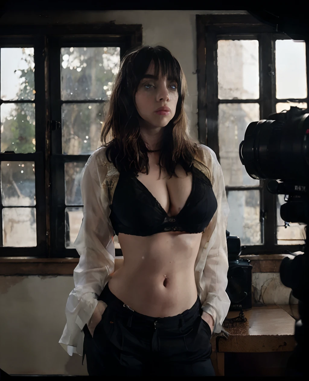 Photo de Billie Eilish dans son soutien-gorge frottant son abdomen, seulement, yeux bleus, Coupe de cheveux bobcat, gros seins, abdomen musculaire, regardant vers son propre ventre, French-style room next to a large window, Ambiance chaleureuse, photographier, photo shoot, Captured by Panavision Panaflex Platinum Camera with Panavision Primo Primes 75mm T1 spherical lens.9