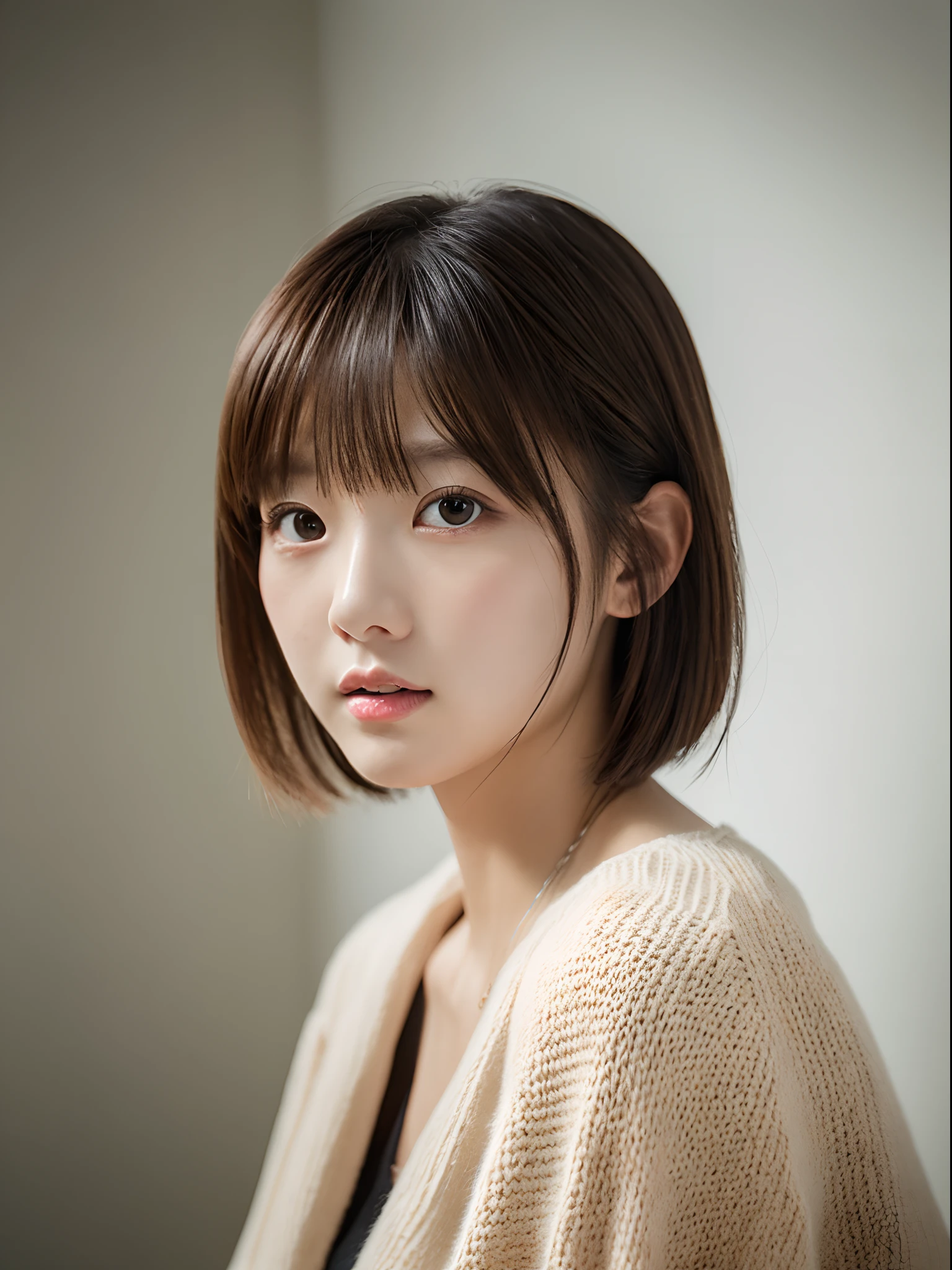 (highest quality、8k、32K、masterpiece、nffsw:1.2)、photo of cute japanese woman、long sleeve dress、very short hair、Photographed in natural light、Upper body、surface focus、simple necklace、Taken in front of the white door、From above、looking at the viewer、mix 4、(8k、RAW photo、highest quality、masterpiece:1.2)、(realistic、Photoreal:1.37)、1 girl、photon mapping、Physically based rendering、good looking、excellent image quality、High resolution、1080p、(pretty face)、(Detailed facial description)、(Detailed explanation of handasseter muscle part)、(Detailed CG)、hair is dirty、masterpiece、Rich details、(exquisite features)、(best image quality)、(masterpiece)、(detailed eye)、looking forward to your eyes、delicate clavicle、Various poses