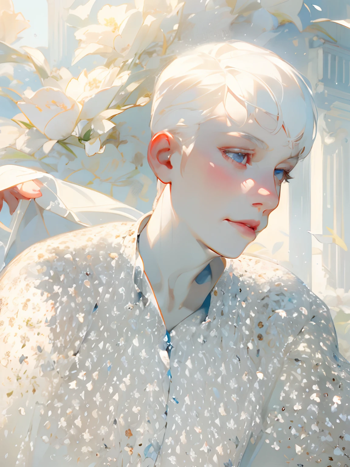 1girl with a short white hair beautiful detailed eyes, beautiful detailed lips, pale skin, delicate features, porcelain-like complexion, elegant pose, graceful posture, ethereal beauty, light and airy atmosphere, soft and subtle lighting, wisps of hair floating in the breeze, intricate lace dress, delicate floral patterns, fine brushstrokes, realistic rendering, vibrant colors, dreamlike ambiance, a garden filled with blooming flowers, soft sunlight casting shadows, a sense of tranquility, a masterpiece capturing the essence of purity and grace