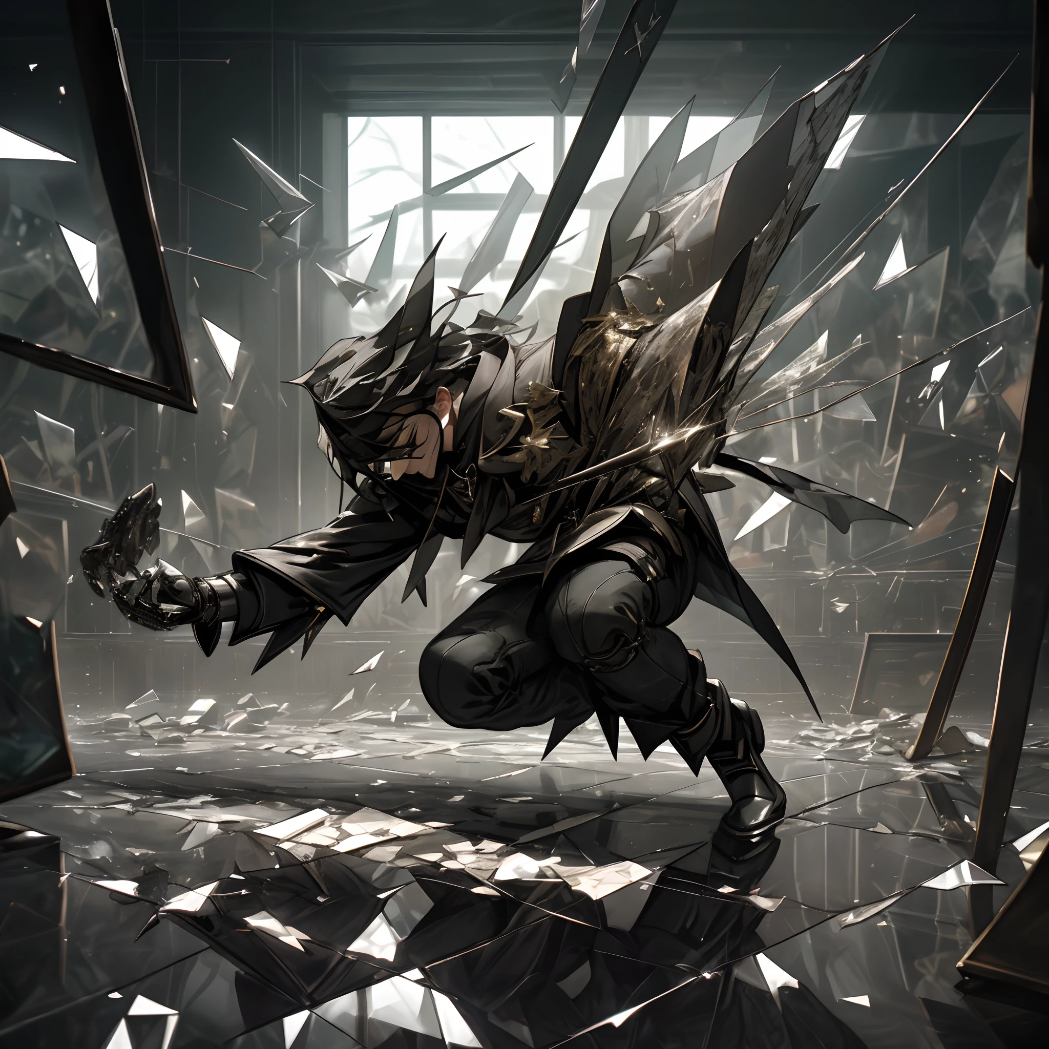 man as Shattered glass all in cracks shattered into pieces , there are missing parts, recognizable silhouette of Tuten Hamon, cyberpunk art by Christian W. Staudinger. Staudinger, behance, deconstructivism, hall of mirrors, behance hd, made of glass Shattered mirror, Sharp edges of mirror, small shards collected into a common object, Ephemeral shadows, Mysticism filled with movement, haunting enchantment, Memorable lighting. best quality, 4K, high resolution, masterpiece, ultra detailed, realistic, photorealistic, photorealistic , Exposure photography