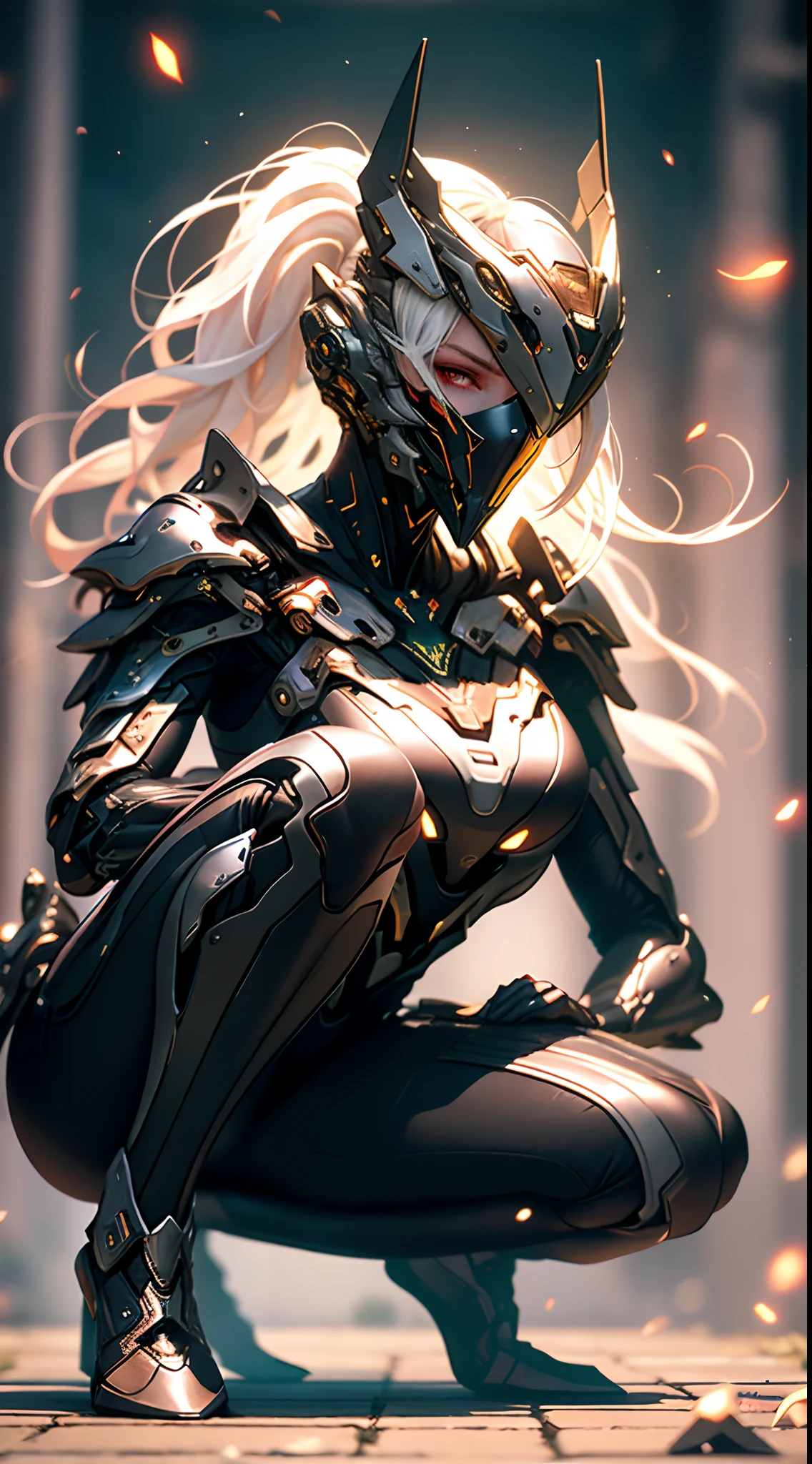 ???? girl, cabelos brancos e curtos, corpo completamente coberto por uma armadura de RPG assassino medieval, warframe design as,seio grandes, espartilho, Punhais, mask, ????, casta, olhos vermelho, silver pants with black leather, corpo musculoso e torneado, cicatriz, energy aural emitting, action posting packed, posting for the pictures, magic emitting in hands,double piece, low angle, M-shaped white-haired woman, red eyes,?????????, squatting, camel-like legs, molyman, shot from below, glaring, upper body, ???????????, slender body, delicate body, light clothing, biting panties, medusa, take up close, close up