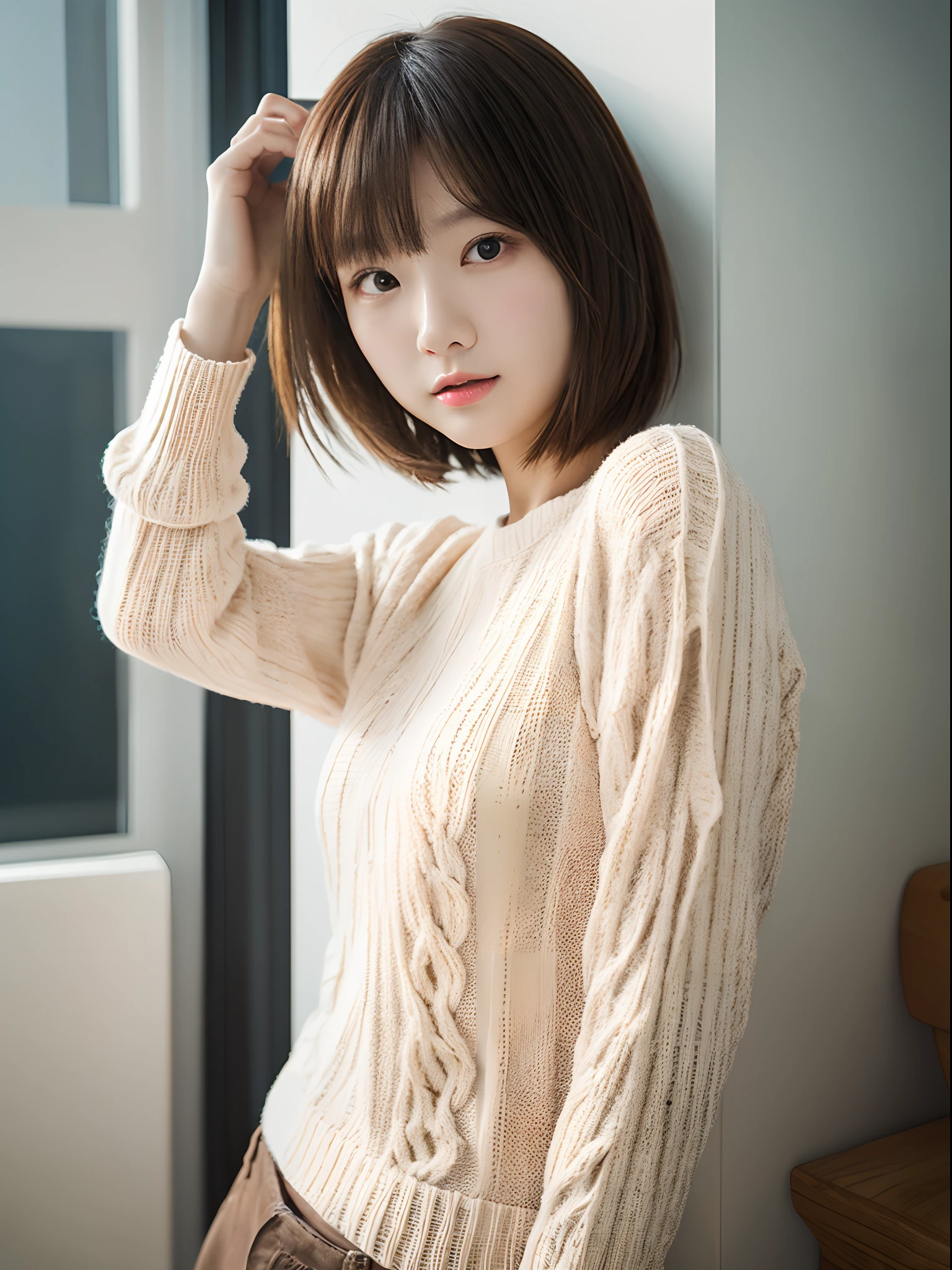 top-quality、​masterpiece、hight resolution、1girl in、独奏、Raw photo、Real person、Detailed skin、japanes、a blond、thin bunches of bangs、short-hair、bob cuts、fullllbody,knit、white walls、by the window