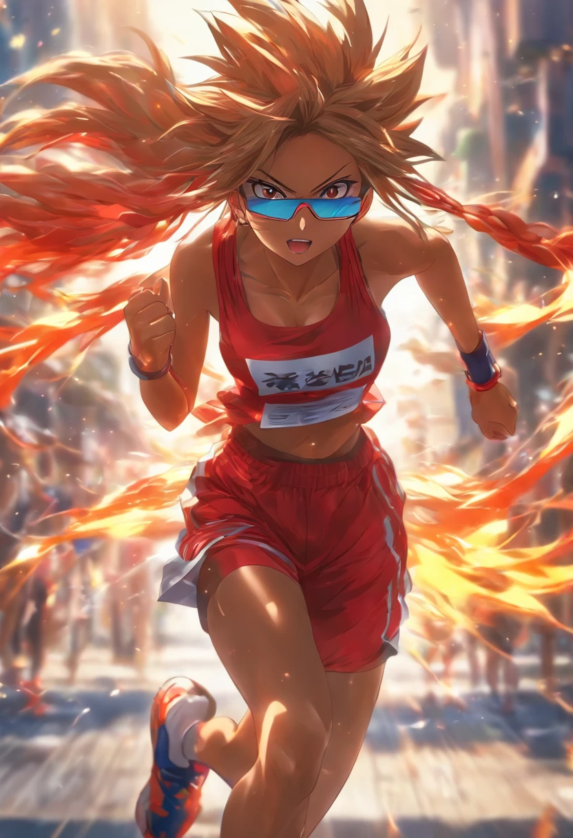 masutepiece, sophisticated details, Best Quality, 4K, 超A high resolution,  High resolution, Ultra HD, runner, Female, jogger, walker, Morning jogging, Red Running Shoes, singlet, leggins, Sports Sunglasses, hair blowing in wind, Sweating