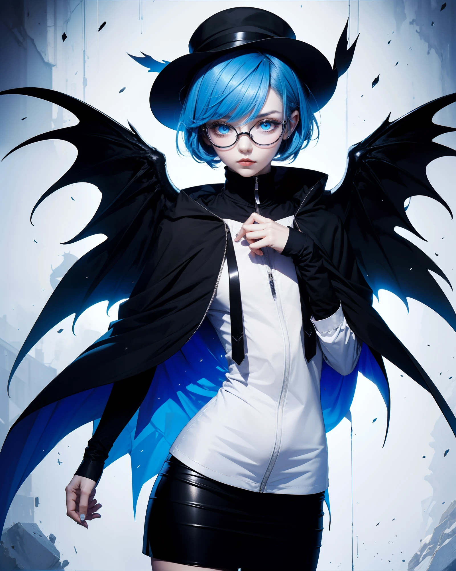 1girl, Blue monocolor, lillaevil, blue hair, blue eyes, short hair, black capelet, skirt, blue demon wings, blue-tinted eyewear, mini hat, hideout, Monocolor background, phantom thief hideout,