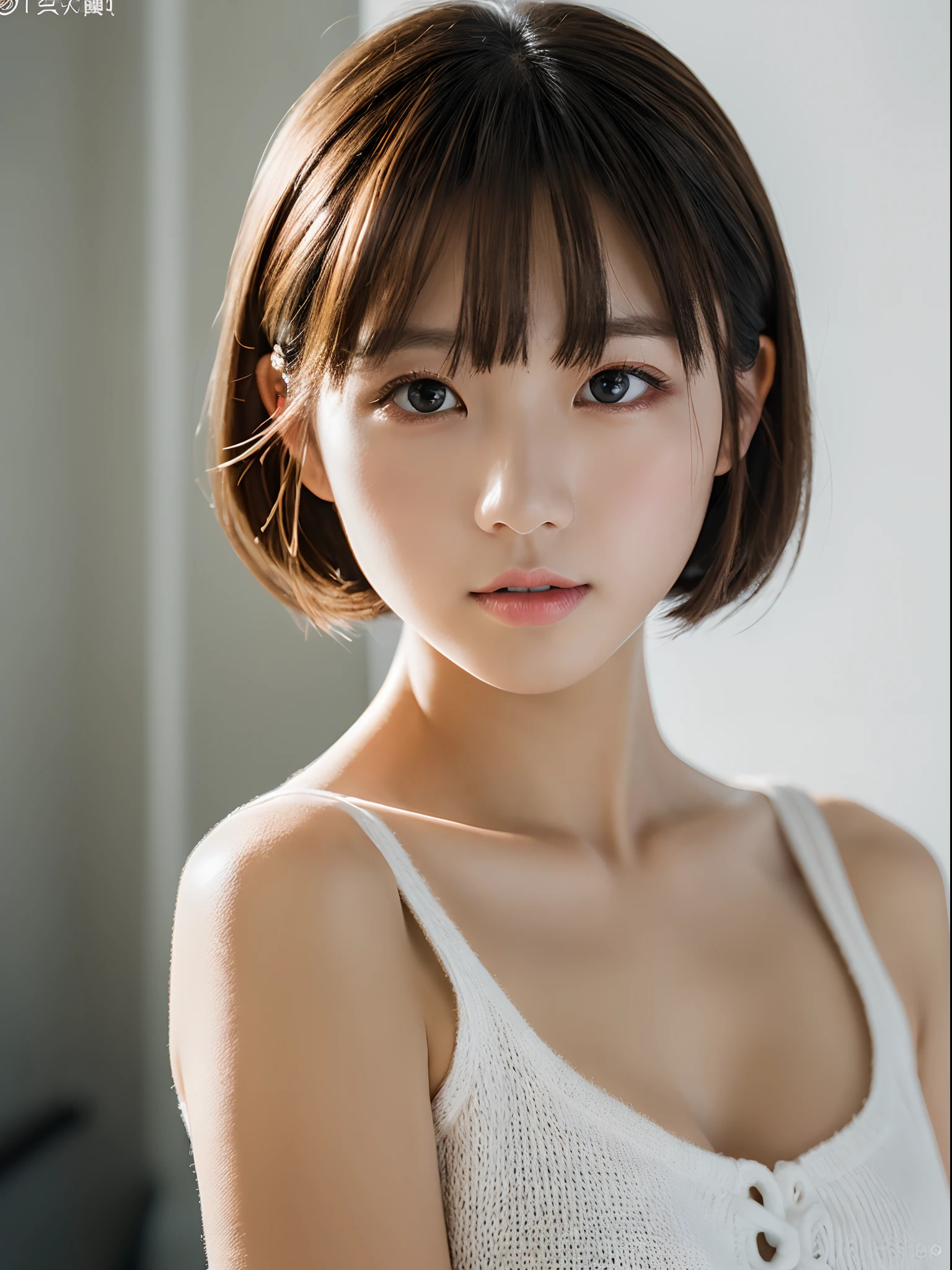 （(​masterpiece:1.4、top-quality))、(photographrealistic:1.4)、profetional lighting、physically-based renderingt,cowboy shot,Bery short hair、extra detailed face、Detailed skin、(Beautiful japanese girl:1.05)、thin bunches of bangs、knit、White Room、white walls