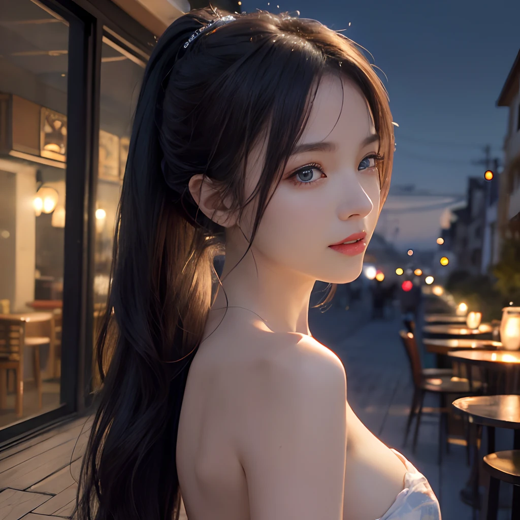 night scene, Close-up photo of Danelia Tuleshova, Small breasts, Cafe terrace near the street, Lean-cheeked, Luster of hair, chin up, Seductive face, No bra, stony, Water, Cleavage Show, bewitching, Realistic pores of the body, Look up at the sky and smile, black ponytail hair, (Blue eyes: 0.8), Beautiful adult face, 40 I, soft volumetric lights, (back lighting: 1.3), (Cinematic: 1.3), Intricate details, (art stations: 1.、nsfw、cafe terrace