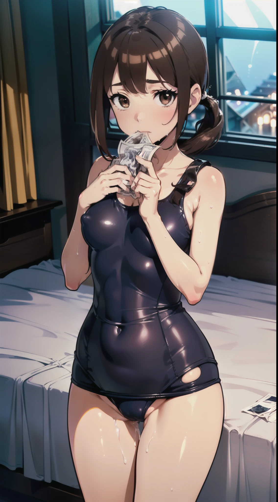 ((1 Beautiful Beautiful Girl)),(((natta))),(((detail portrayal))),(((Dark brown medium hair:1.6))),(((Straight hair))),(((poneyTail))),(((a small face))),(((Less bangs))),(((Trimmed bangs))),(((Brown eyes))),(masterpiece)), (((drooing eyes))),((top-quality)),((Vivid light and shadow depiction)), (The ultra-detailliert), ((kawaii)), cute little, (Detailed body line depiction), ((detailed face depiction)),((ighly detailed)), (8K), top-quality, (Beautiful fece),(((World-class quality))), ighly detailed, hight resolution,(((Anime filling))),(((large udder:1.3))),(((Lying on the bed by the window))),(((de pele branca))),(((Luxury hotel bedroom with large windows reflecting the night sky))),(((full of sweat))),(((Composition seen from the front))),(((Composition seen from above))),(((Looking down))),(((Put a used condom in your mouth))),(((detail portrayal))),(((Detailed body depiction))),(((Navy blue school swimsuit:1.2))),(((Detailed panty depiction))),(((Holding a stack of banknotes in your hands))),(((deadpan)))、(((Emphasis on the crotch))),(((Black socks))),(((White liquid drips on the body)))