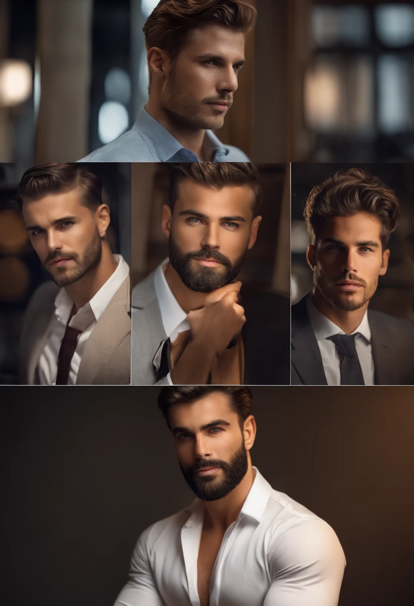 La mejor calidad,Ultra detallado,realista:1.37,Hombre guapo,cara hermosa,ojos detallados,strong jawline,barba de rastrojo,sonrisa encantadora,Traje con clase,cabello elegante,afeitado,Postura segura,caballero,Mirada cautivadora,bien arreglado,profesional,Apariencia similar a la de un modelo,vivid colors,Studio lighting,Warm color tone,Medio:retrato