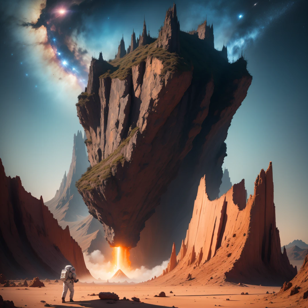 (((The spacesuit is broken)))The astronaut,Alien base (Very detailed astronauts) In the mountainous desert,There are several exhaust fans and chimneys, Some spotlights come out of the base to illuminate dark places, (Extreme nights), Some clouds in the night sky, Some of the surrounding planets provide air to unknown planets,The farthest giant volcano is erupting((The astronaut))(((The spacesuit is broken))